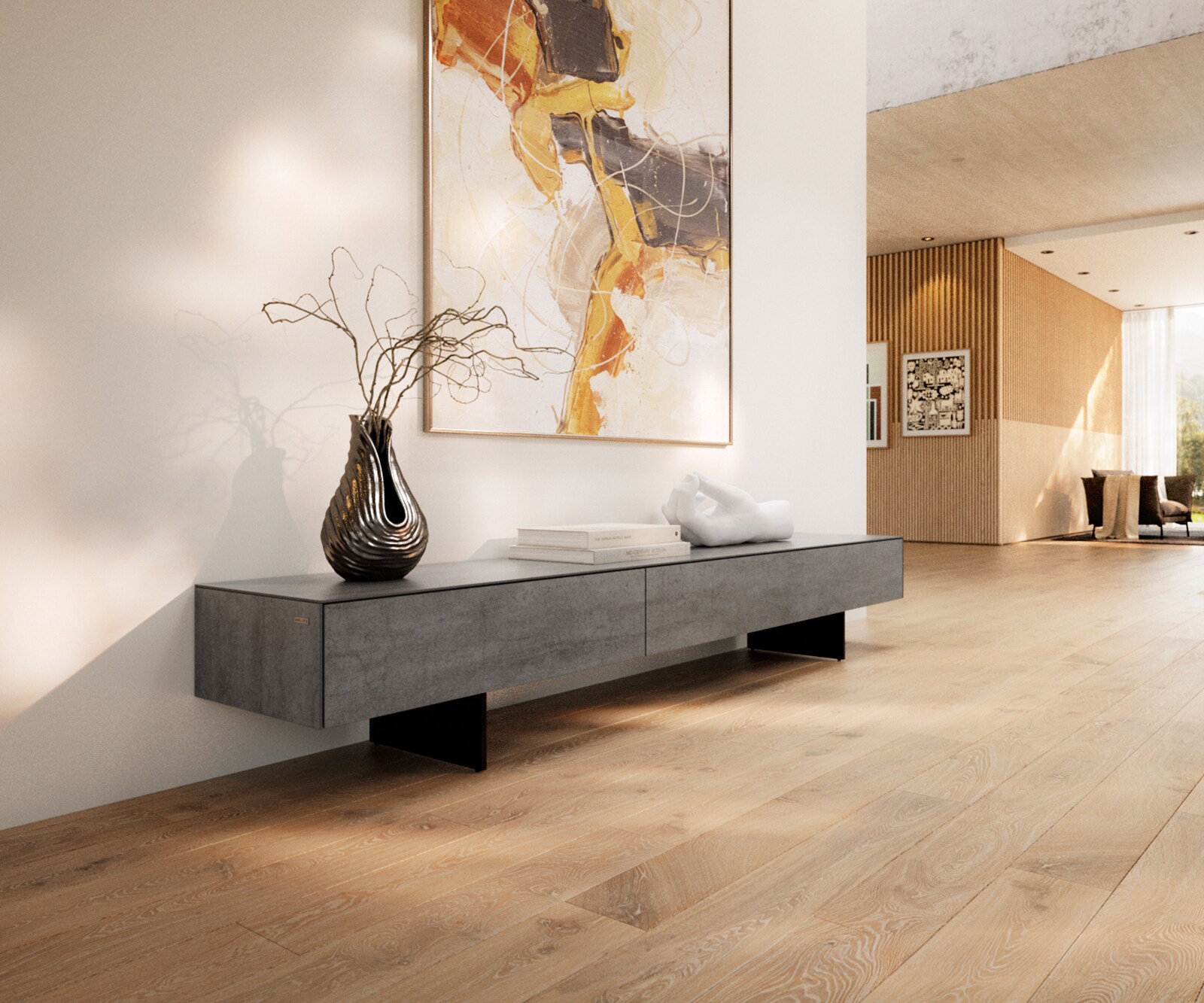 Lowboard Cuor 200 cm Keramik Beton Grau 1 Klappe 1 Schubfach Fuß Schwebeoptik Metall Schwarz