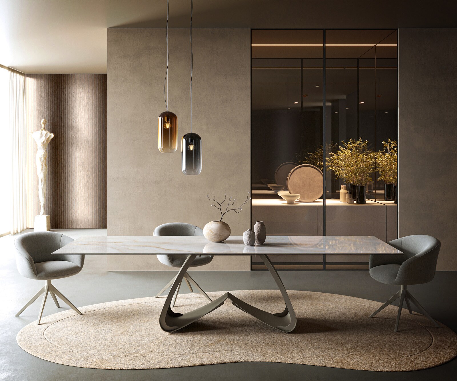 Table à manger Edge 300x100 cm céramique Onyx Pearl piètement en W métal finition effet titane 1