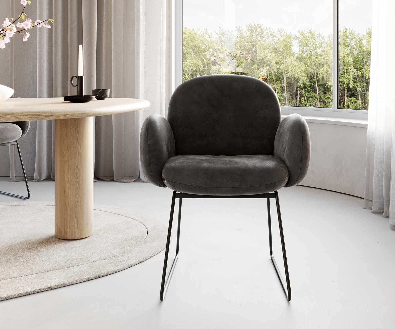 Chaise-de-salle-à-manger Nube-Flex avec accoudoirs microvelours anthracite vintage pied trapèze noir ressorts ensachés 2