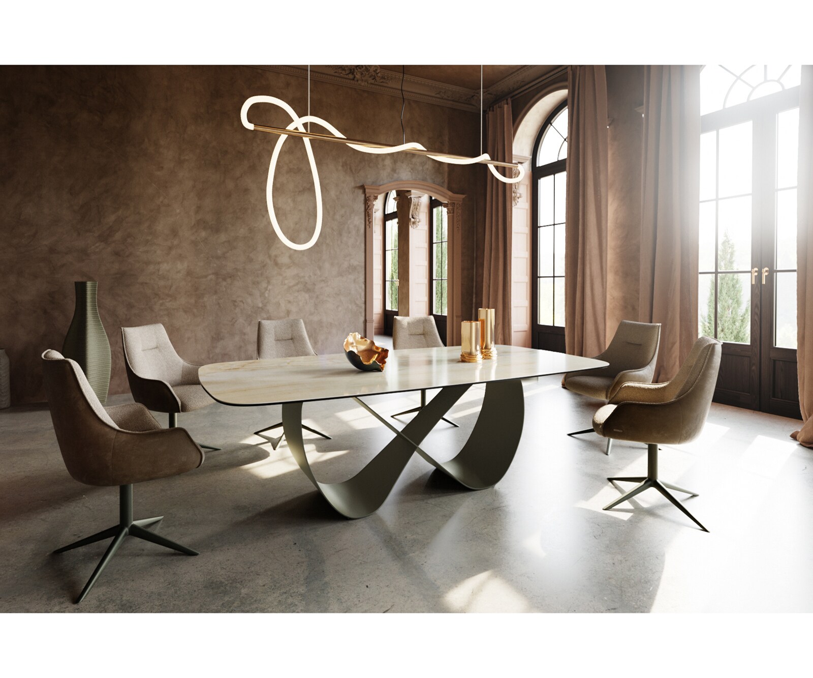 Table à manger Edge Boot 240x120 cm Céramique Iris FMG Onice Oro Infinity Métal Finition effet Titan 5