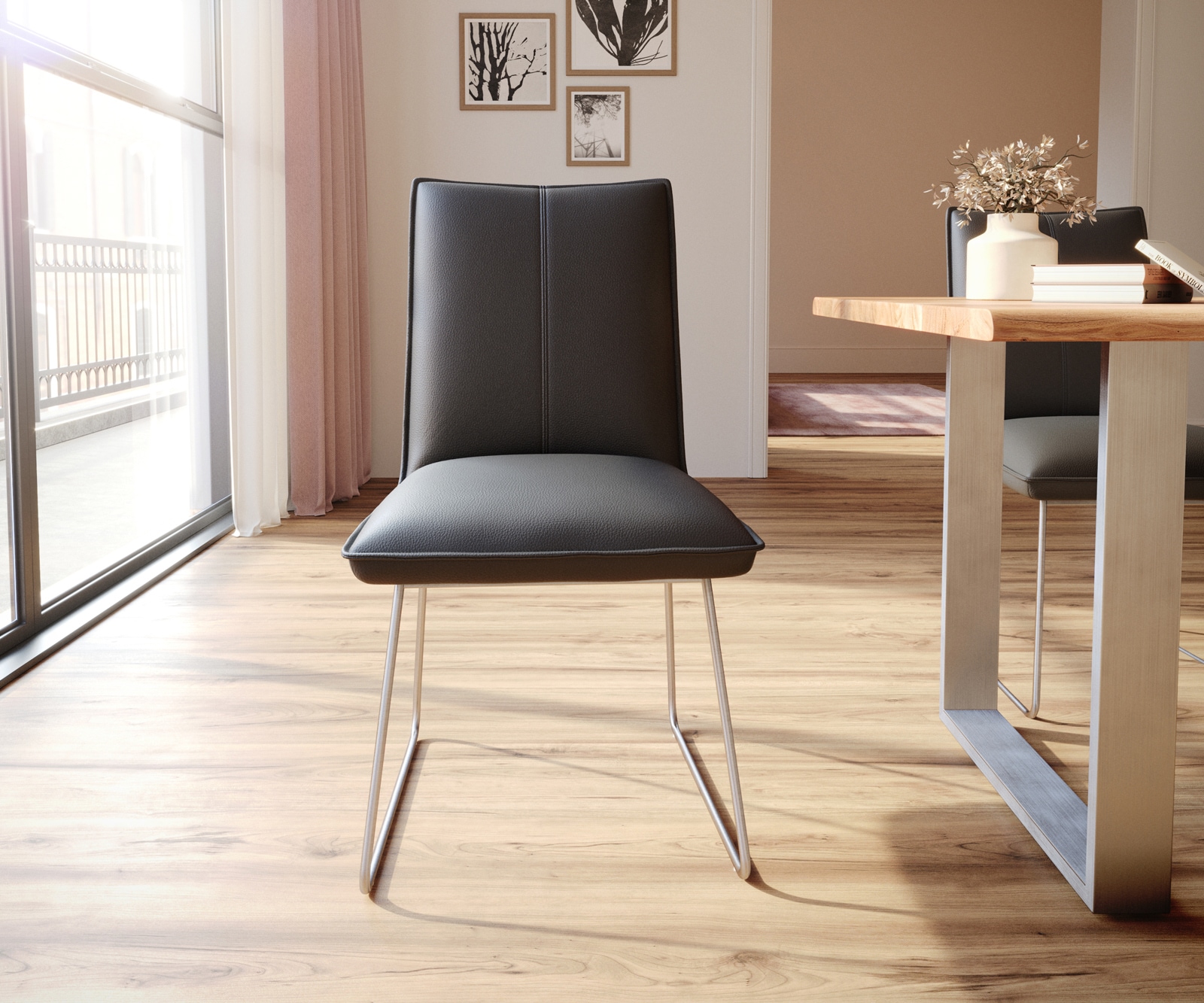 Esszimmerstuhl Lelio-Flex Echt-Leder Schwarz Kufengestell Edelstahl Taschenfederkern 2