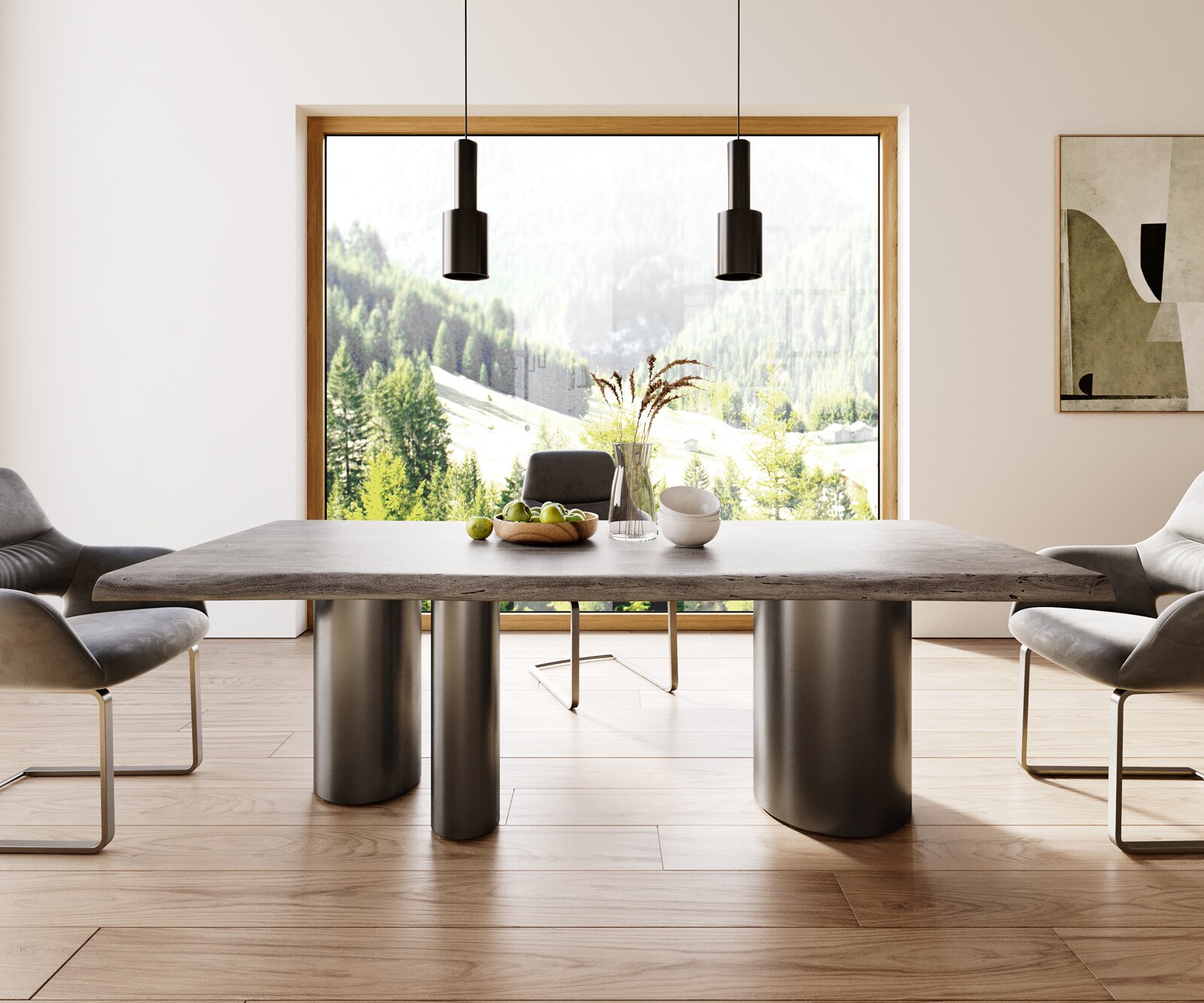 Esstisch Edge 220x100 XL Akazie Platin Troa Edelstahl Graphit Live-Edge 1