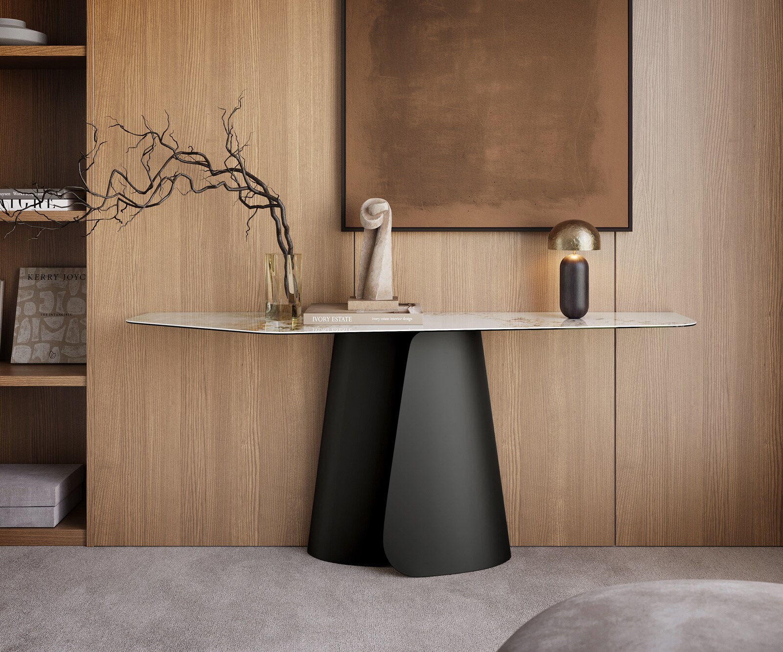 Console Edge Polygonal 180x50 cm Céramique Minas Melange Weiß-Beige Livos Métal Noir 4