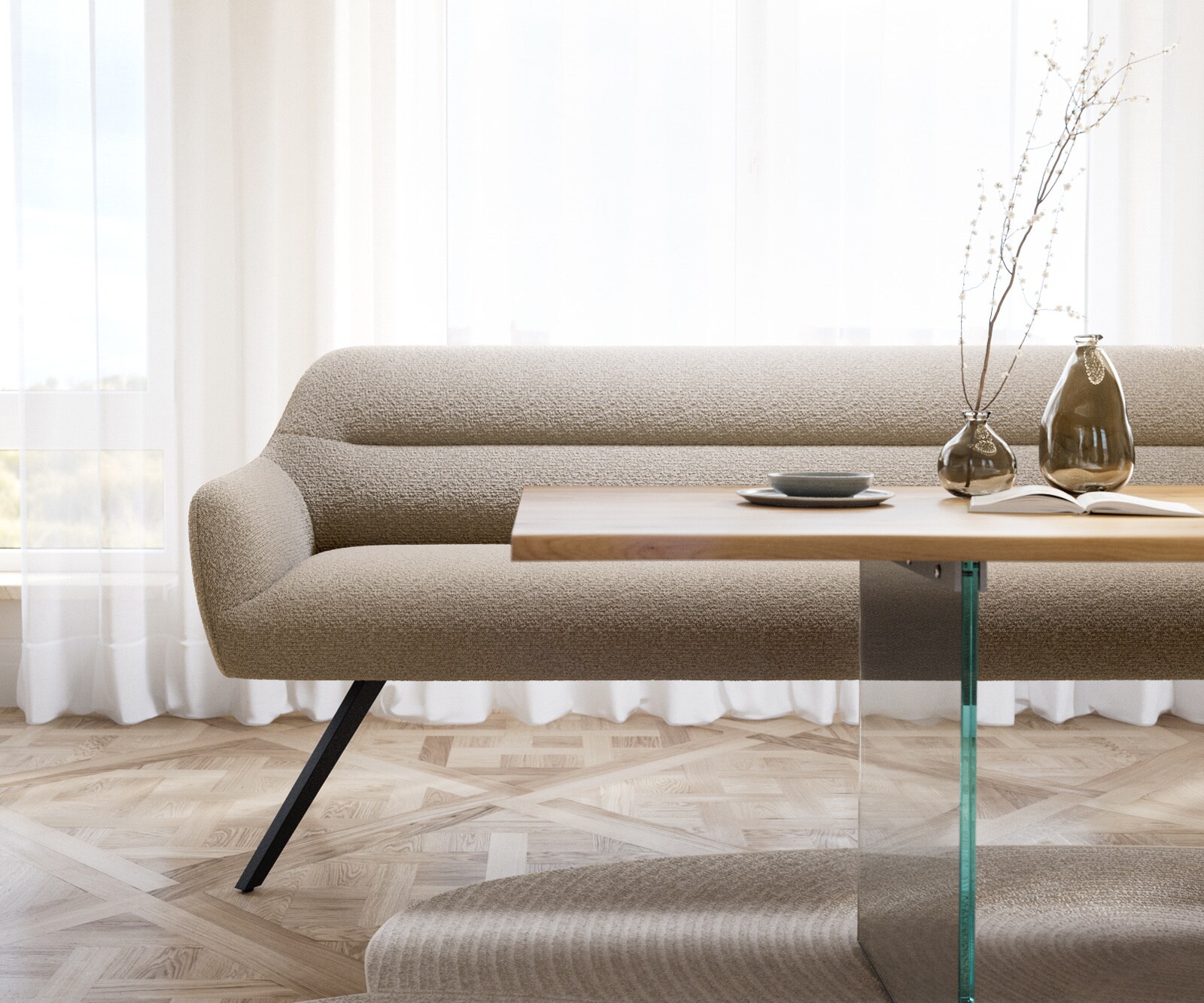 Esszimmerbank Taya-Flex 200 cm Bouclé Schlamm Kreuzgestell kantig Schwarz Taschenfederkern 1