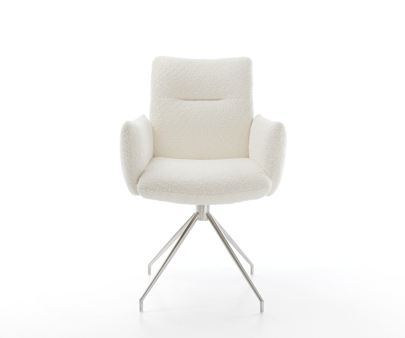 Chaise-pivotante Jova-Flex avec accoudoirs bouclé blanc pied croisé conique acier inoxydable brossé pivotement sur 180° ressorts ensachés 2