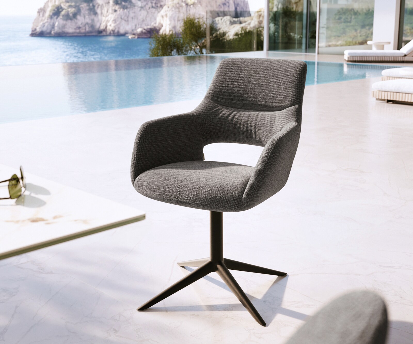 Chaise-d'extérieur Yago-Flex avec accoudoirs tissu texturé graphite pied de chaise 4 branches noir pivotement sur 360° fonction bascule
