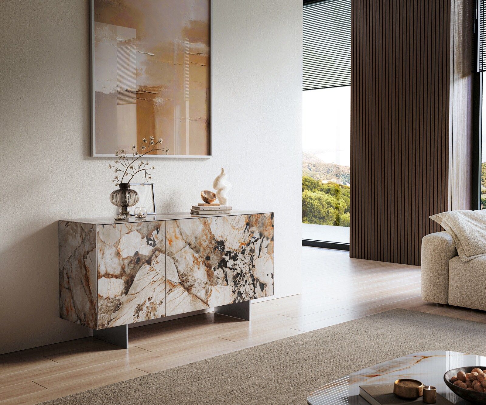 Buffet Cuor 150 cm Céramique Patagonia raffinée 3 Portes Pied optique flottant Ancier inoxydable 1