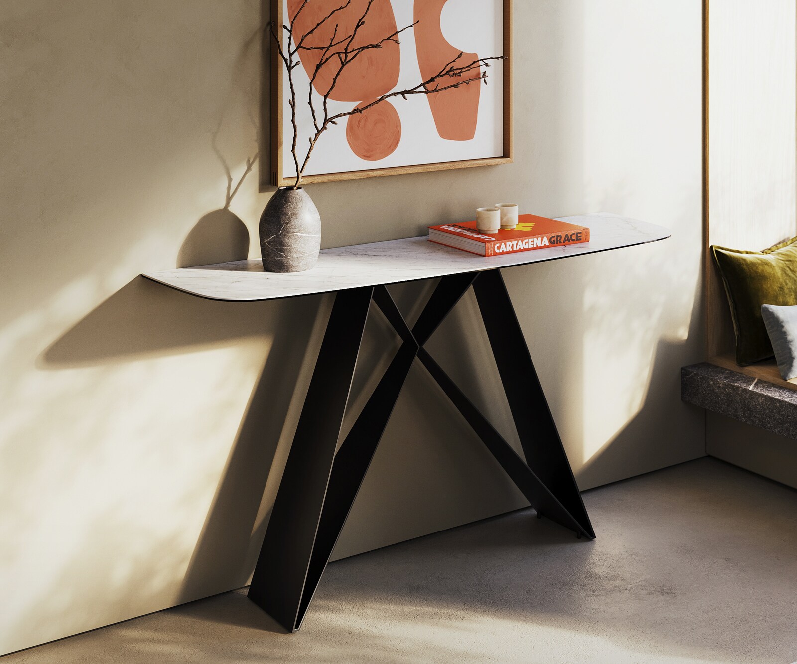 Konsolentisch Edge Boot 140x40 cm Keramik Laminam® Statuarietto Weiß Velio Metall Schwarz 3