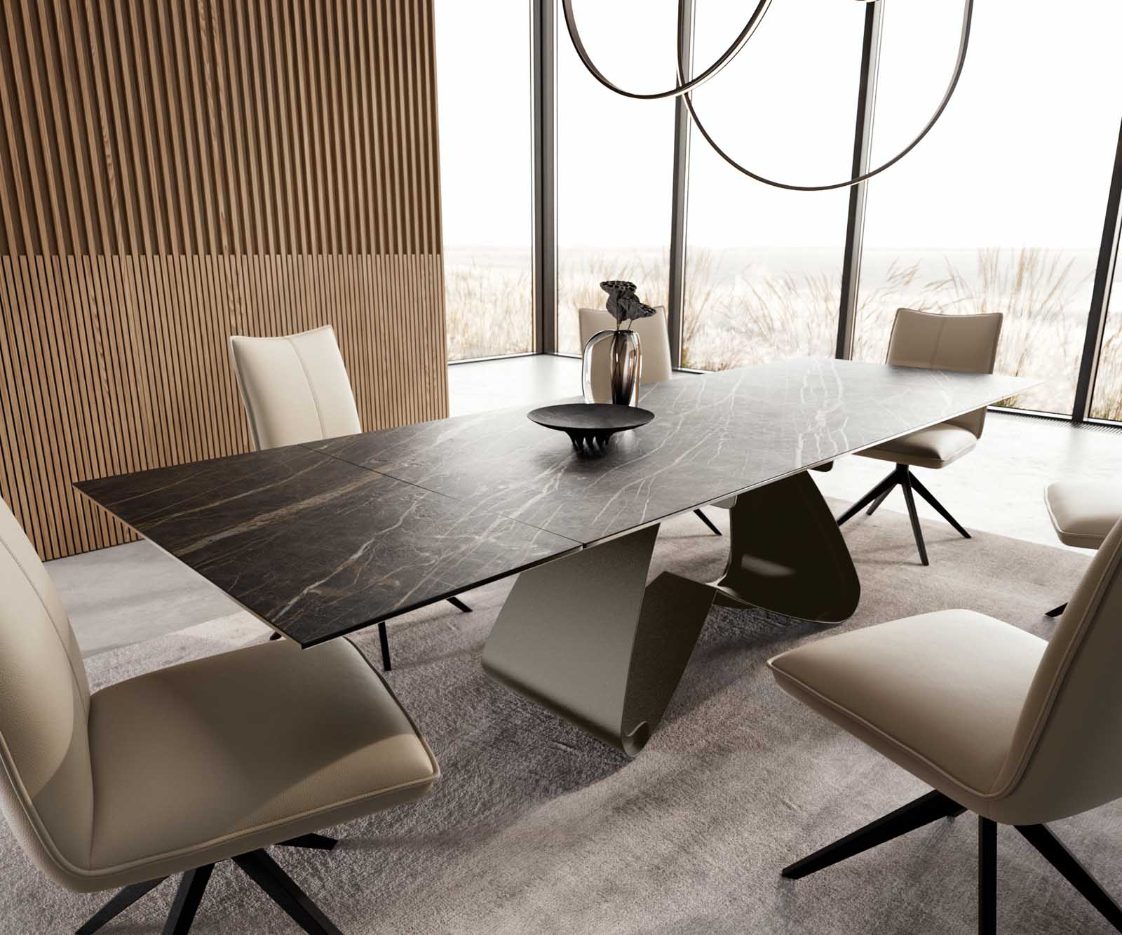 Esstisch Edge 200-300x100 Keramik Laminam®Noir Desir Braun W-Gestell Effektfinish Titan Ausziehbar 1