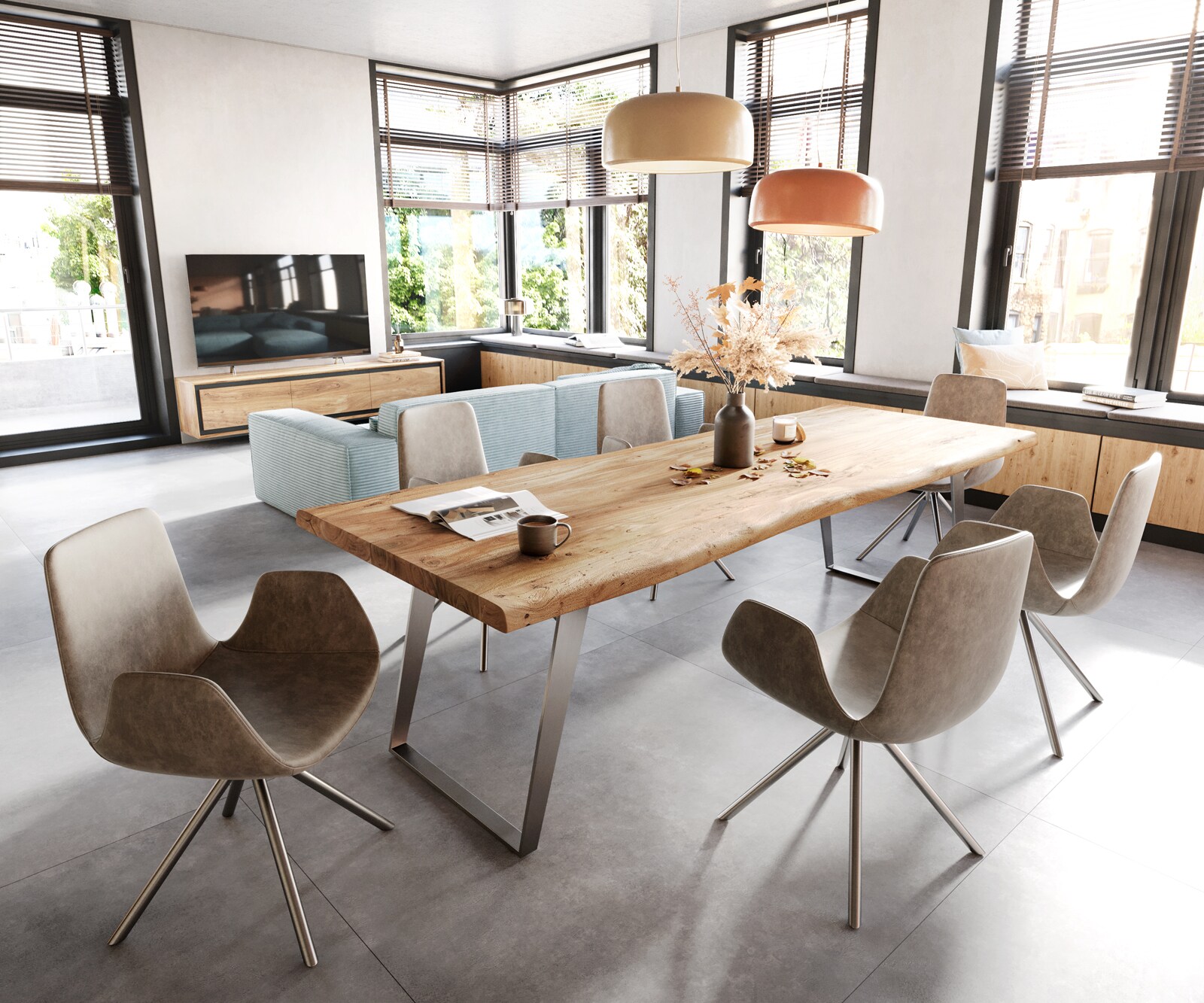 Table-à-manger Edge 260x100cm XL acacia nature acier inoxydable argent incliné Live-Edge 6