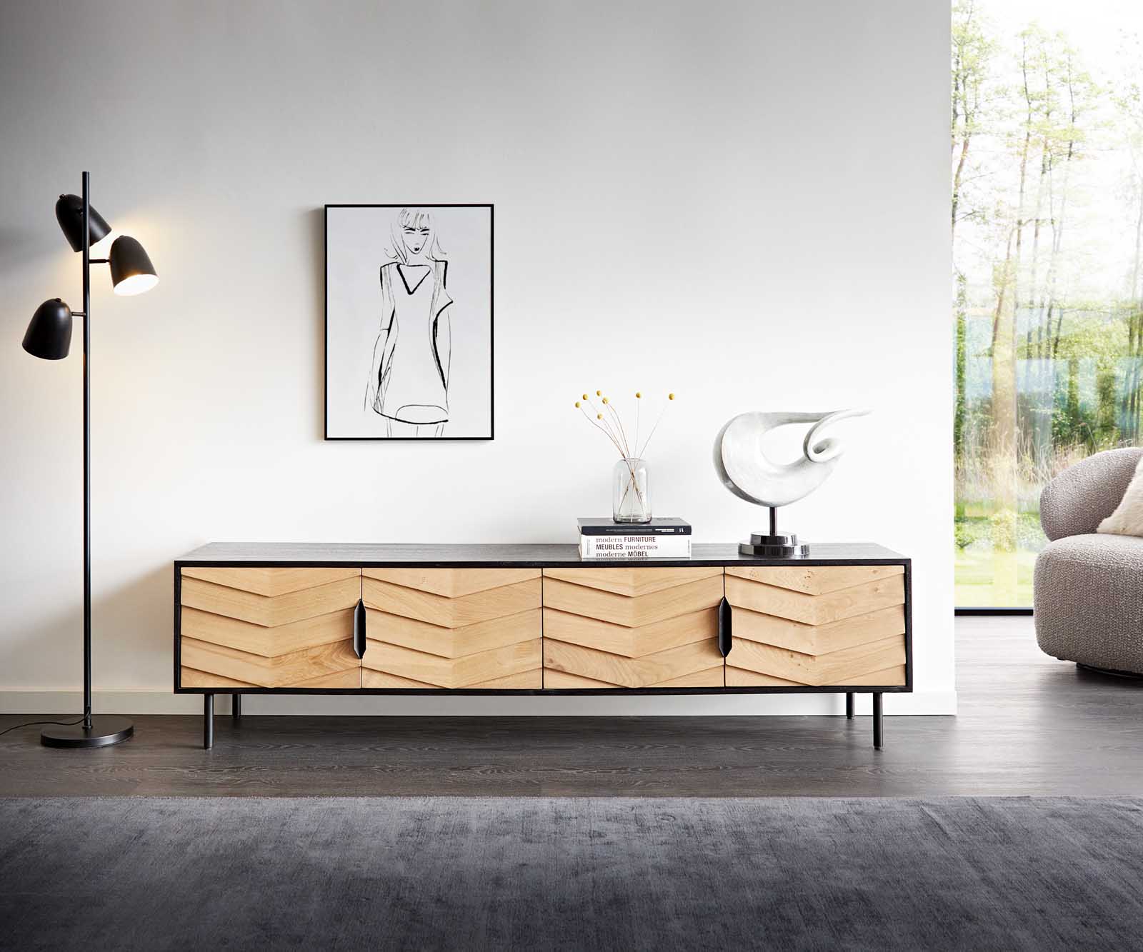 Meuble-TV Muvi 200 cm chêne naturel manguier noir métal noir 4 portes 1