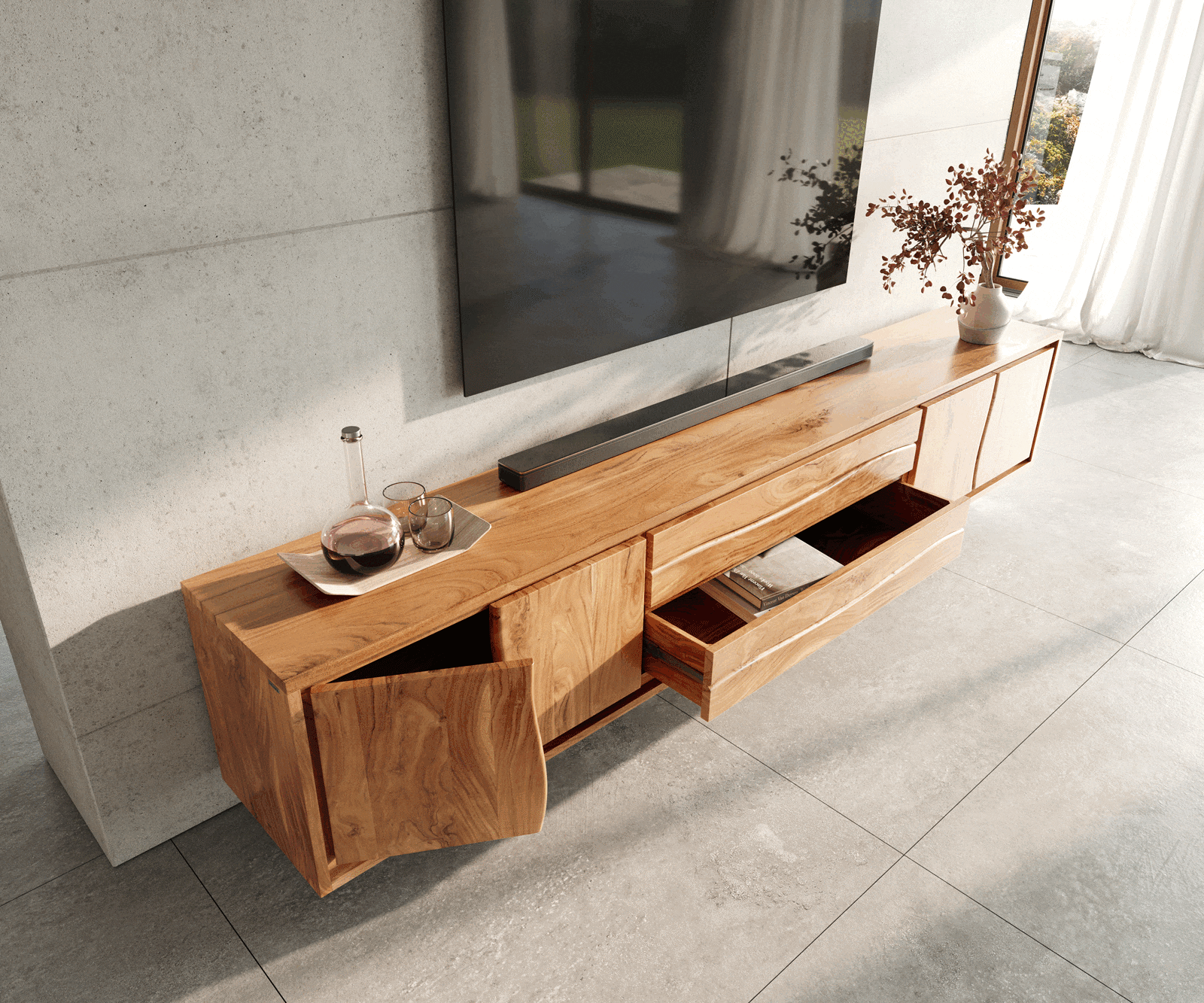 Lowboard Live-Edge 300 cm Akazie Natur 4 Türen 2 Schübe 3 Lowboard Live-Edge 300 cm Akazie Natur 4 Türen 2 Schübe 3