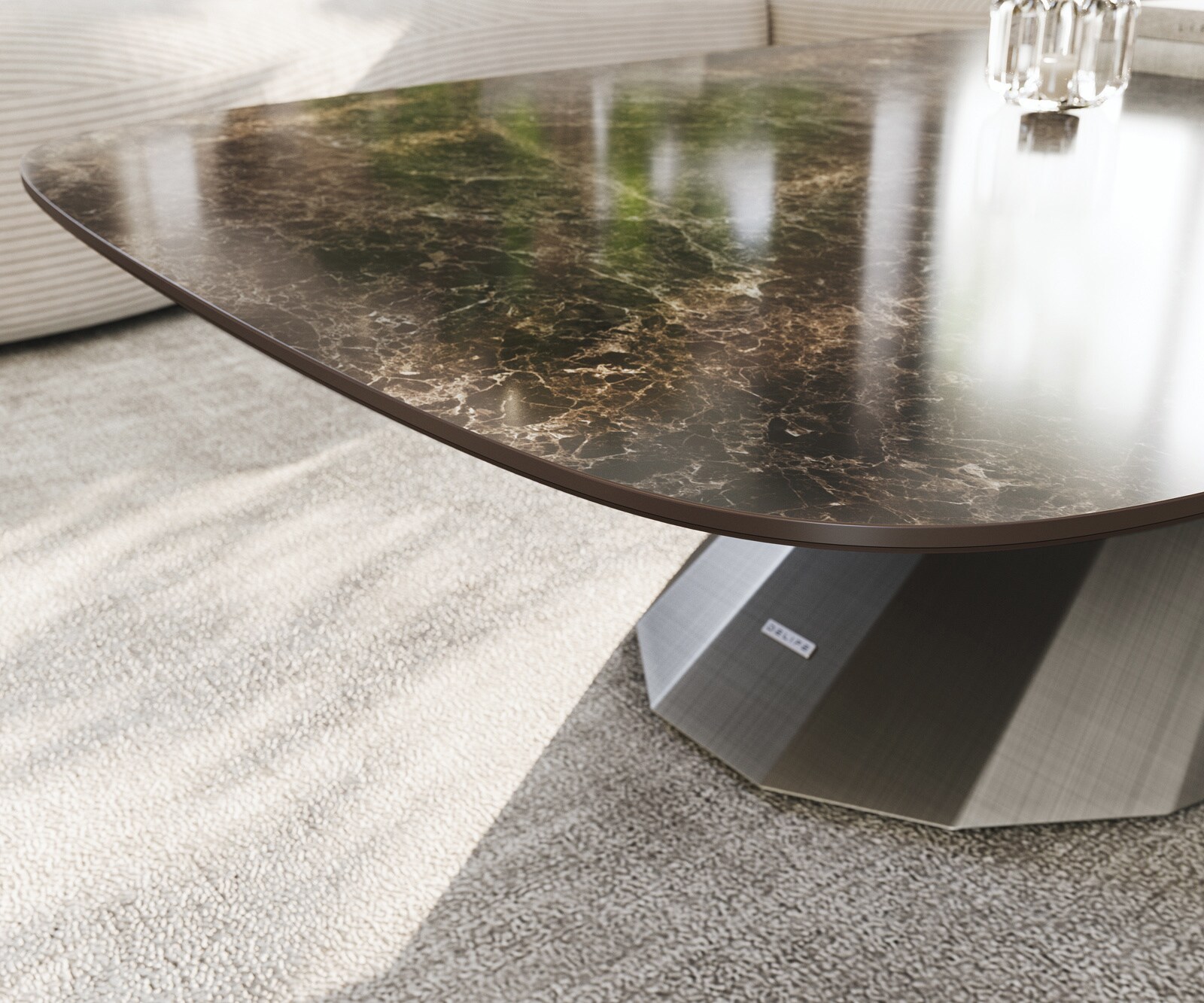 Table basse Edge bateau 140x80 cm céramique Emperador Extra Lucidato brun foncé Parabi métallique argent 6