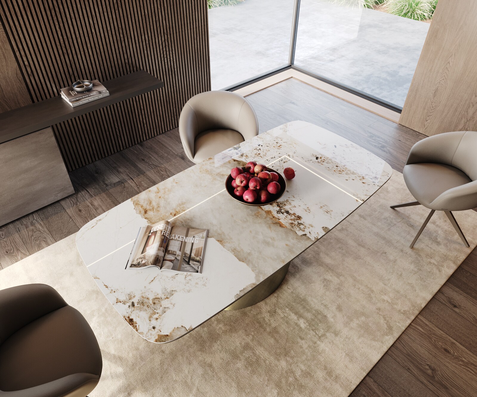 Table à manger Edge Boot 200x100 céramique Minas mélange blanc-beige Cono métallique doré 4