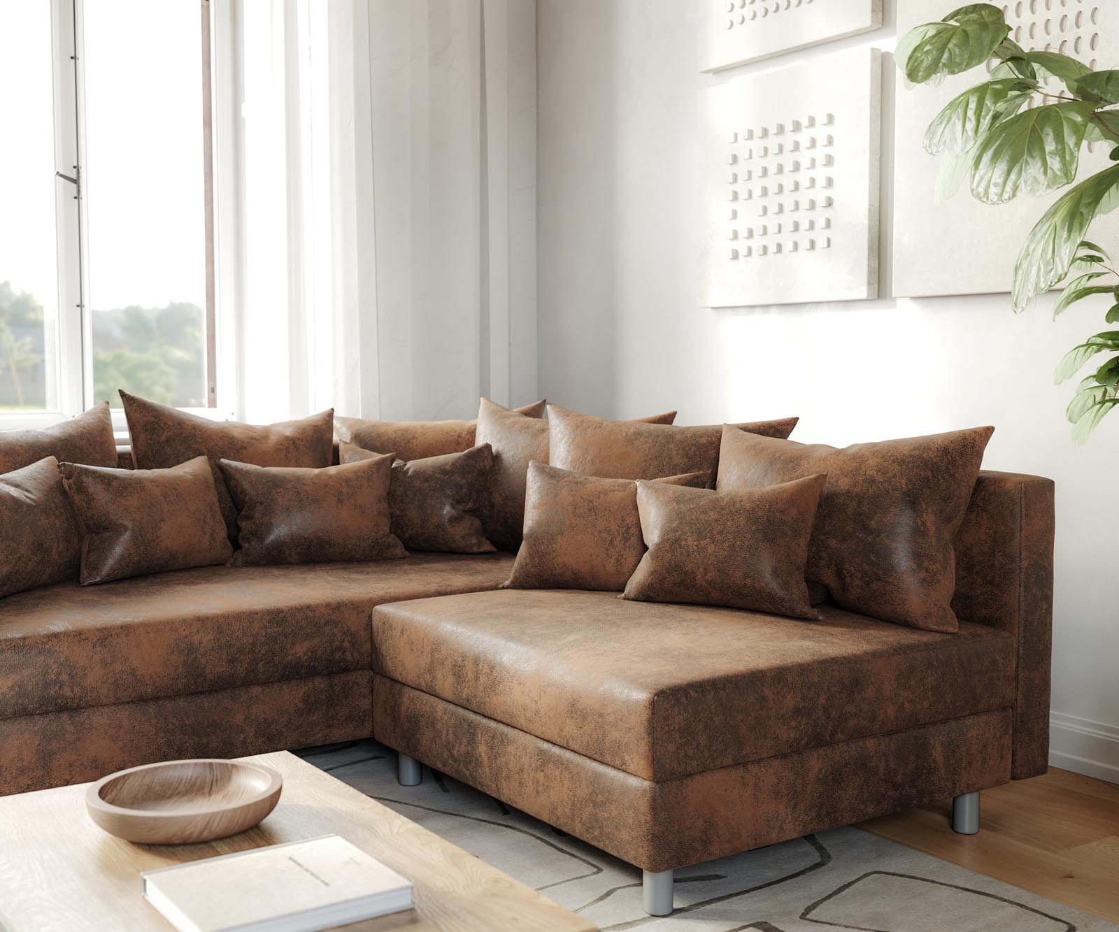 Ecksofa Clovis Braun Antik Optik modular Armlehne Ottomane Links  4 Ecksofa Clovis Braun Antik Optik modular Armlehne Ottomane Links  4