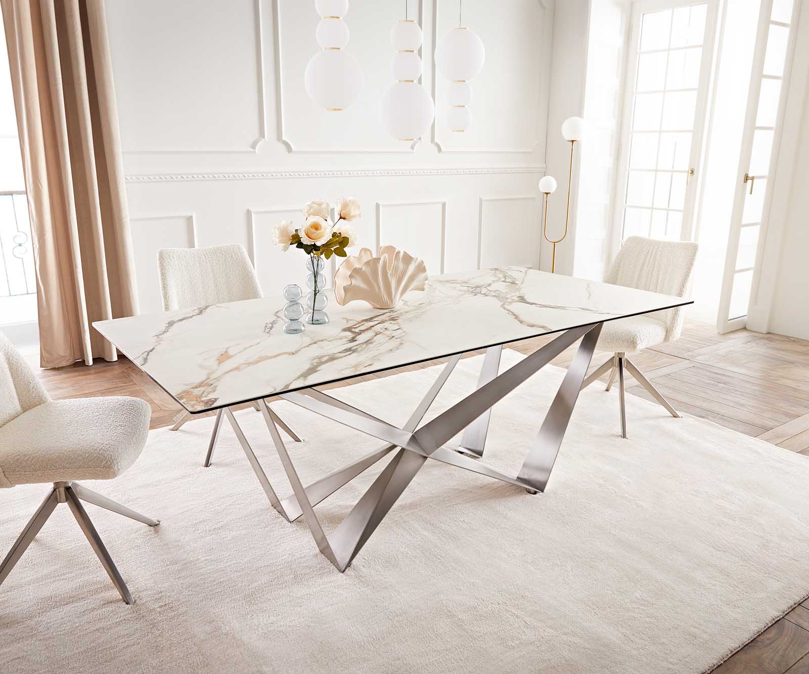 Esstisch Edge 200x100 Keramik Calacatta Luxe Weiß-Gold-Grau Spider Flachstahl Edelstahl 1