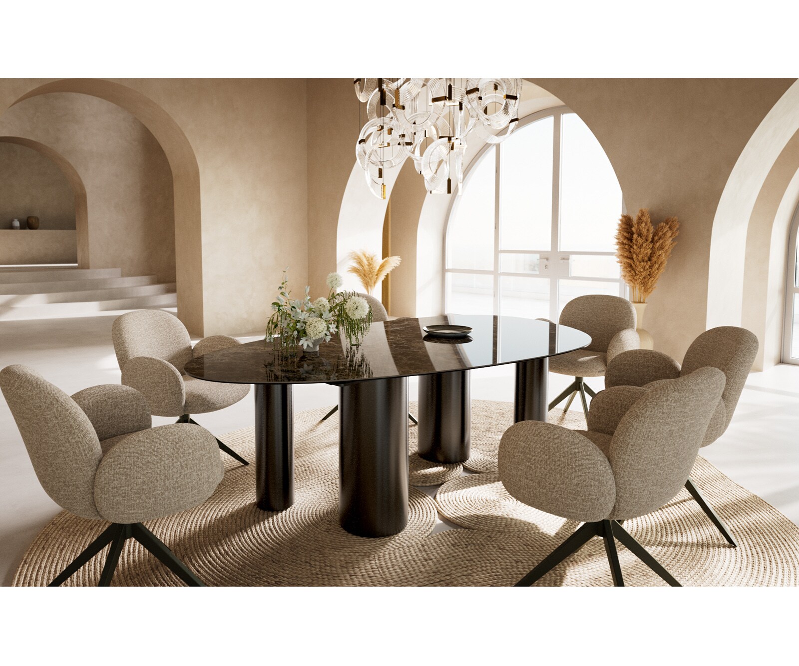 Table à manger Edge Ovale 220x120 Céramique Laminam®Emperador Extra Lucidato Marron foncé Pilier Acier inoxydable Graphite 6