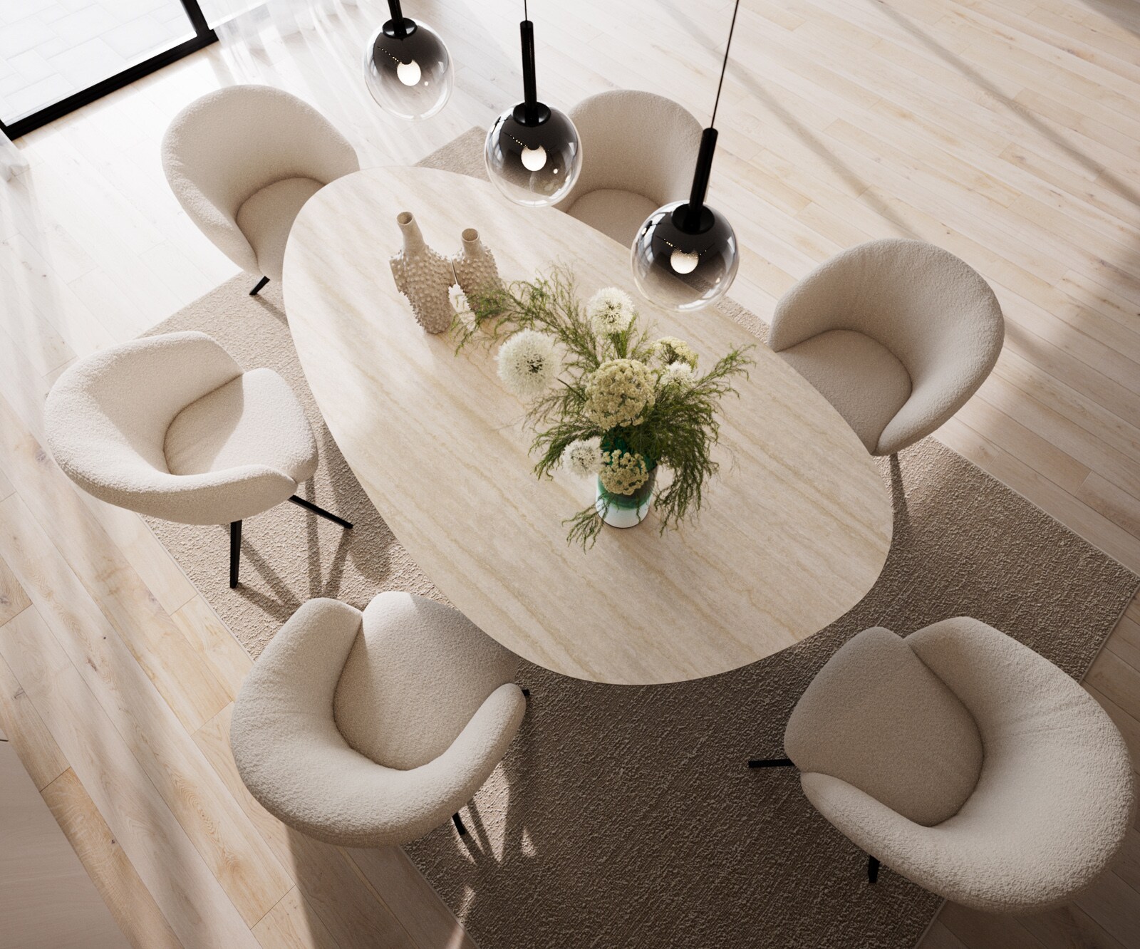 Table à manger Edge Ovale 220x120 Céramique Laminam®Travertino Bianco Crème-Blanc​ Zenthara anguleux Métal Noir 4