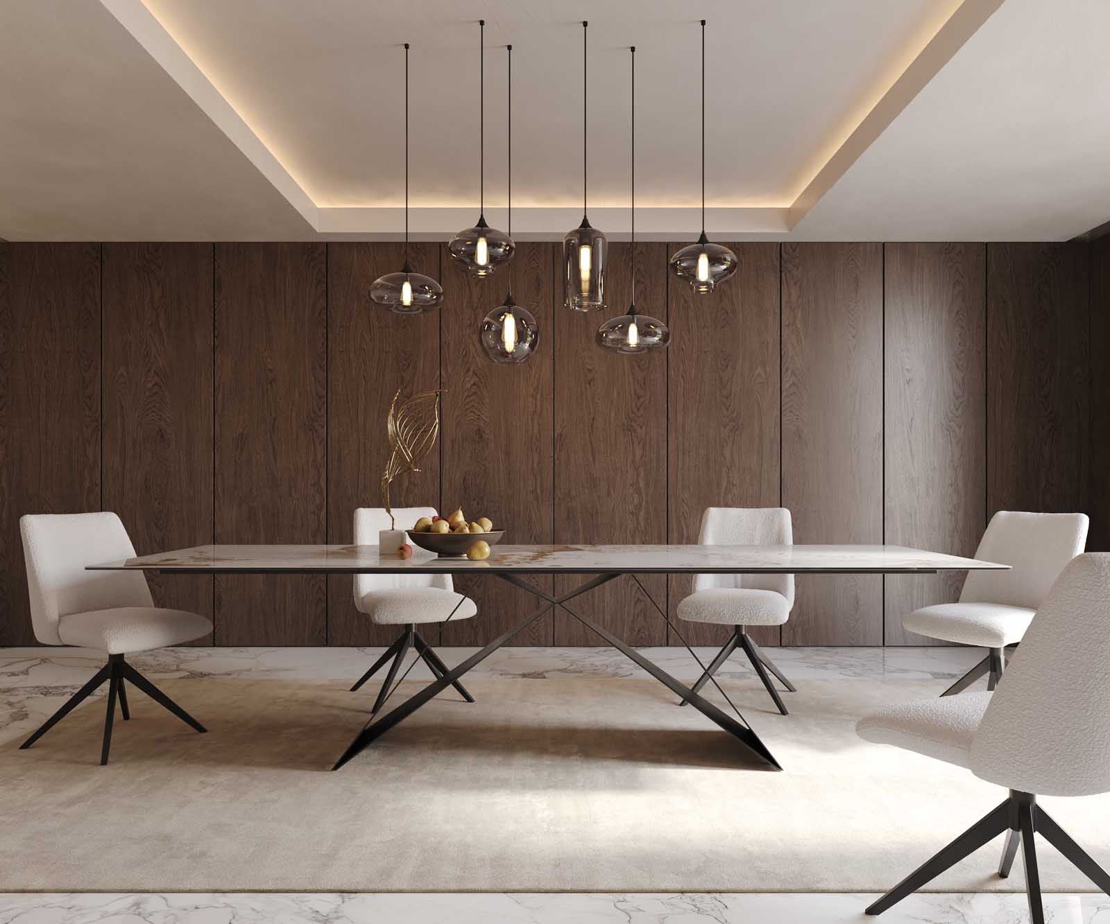 Table à manger Edge 300x100 céramique Minas mélange blanc-beige cadre en V acier plat noir 1