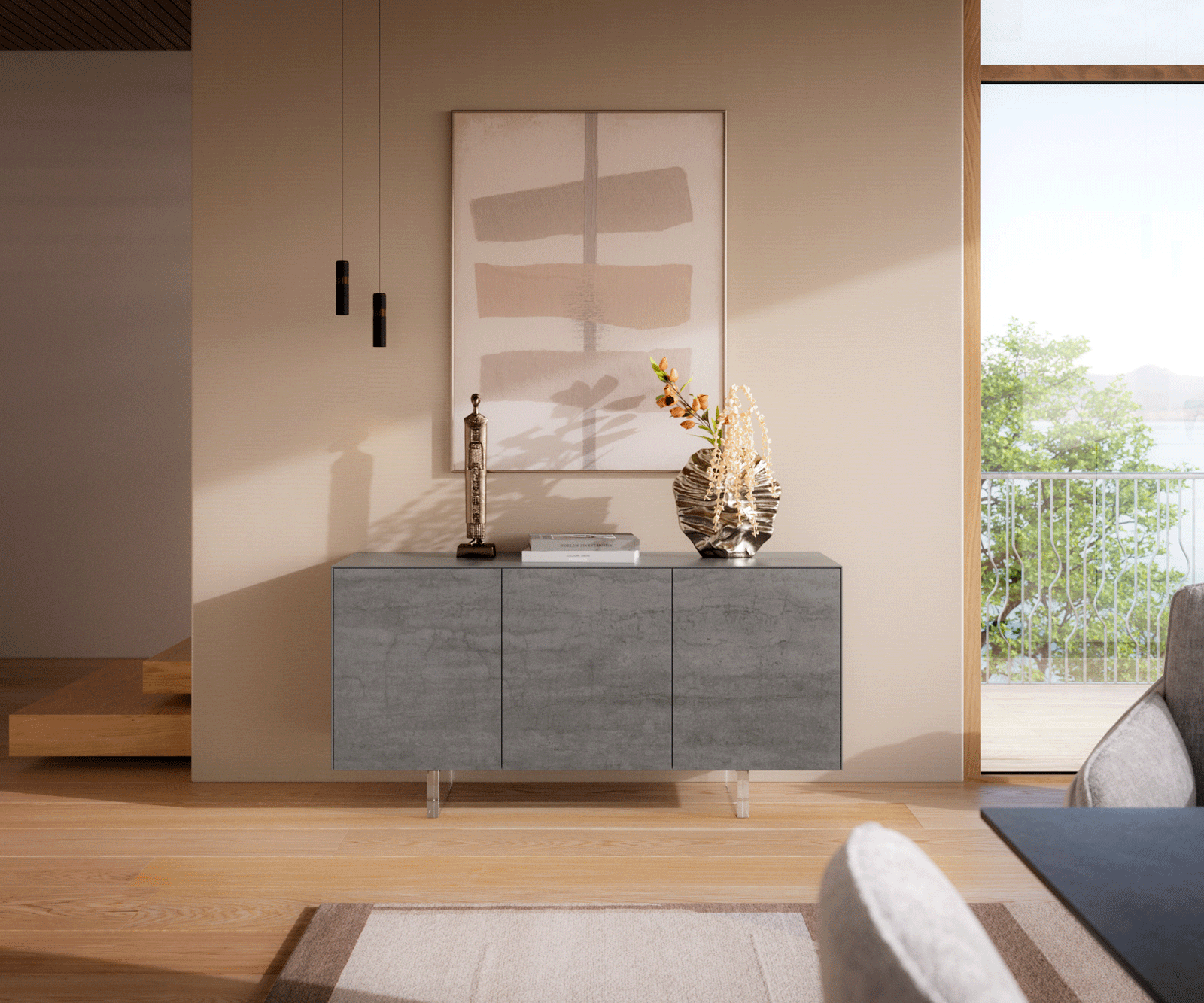 Sideboard Cuor 150 cm Keramik Beton Grau 3 Türen Fuß Schwebeoptik Acrylglas 1