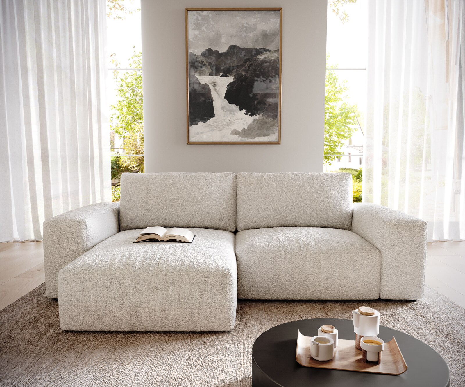 Canapé d’angle Lanzo 230x155 cm bouclé blanc crème méridienne réversible 1