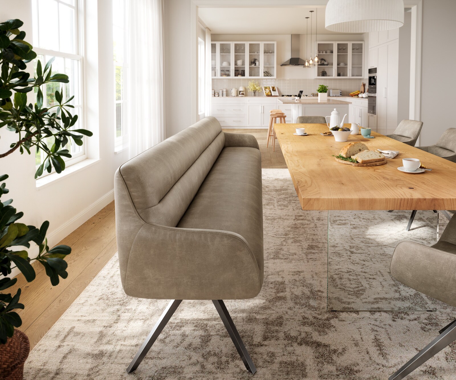 Banc-de-salle-à-manger Taya-Flex 300 cm microfibre beige vintage pied croisé angulaire grafiete ressort ensaché 2