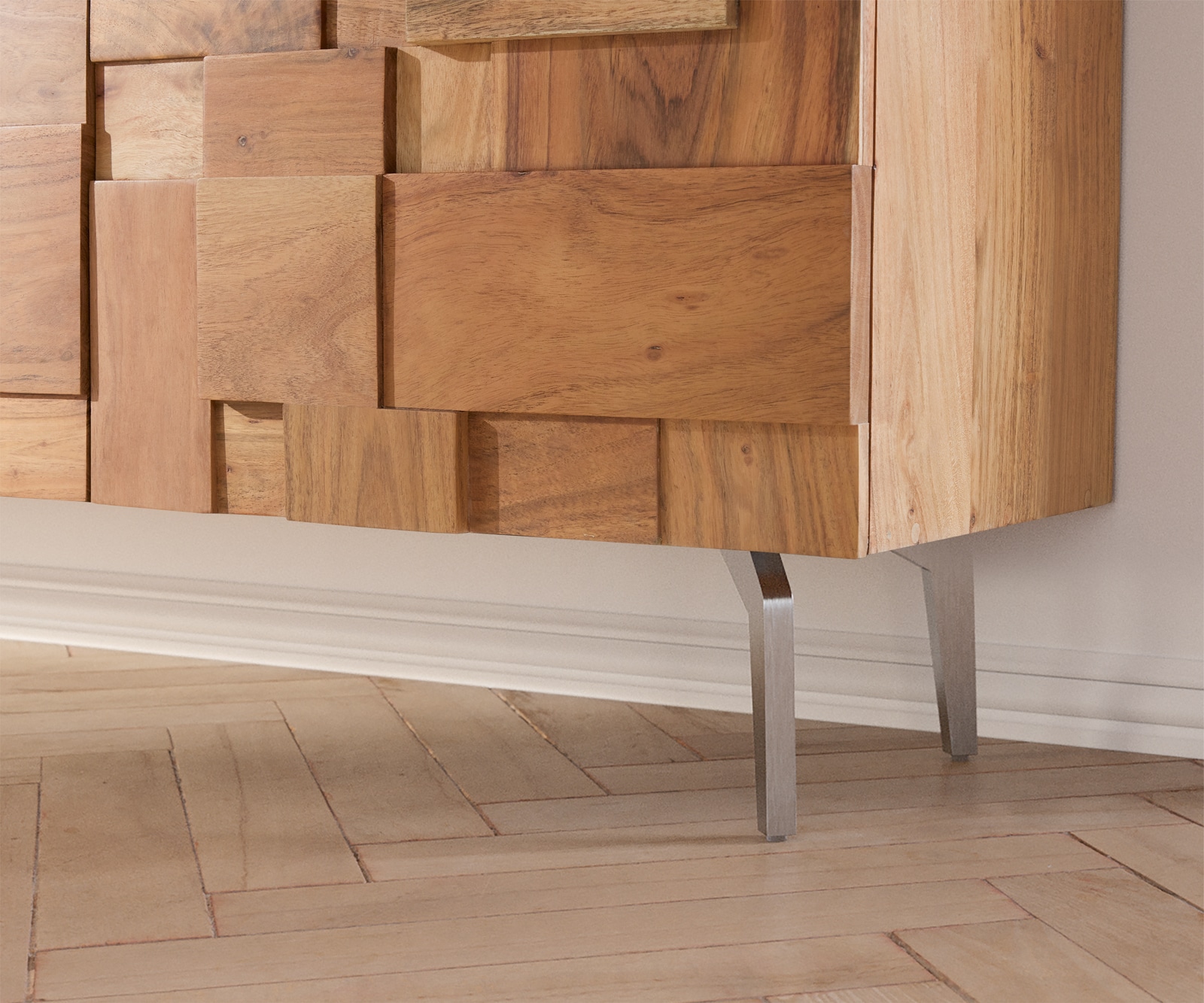 Lowboard Puzzle 175 cm 4 Türen Akazie Natur Winkelfuß Edelstahl 4 Lowboard Puzzle 175 cm 4 Türen Akazie Natur Winkelfuß Edelstahl 4