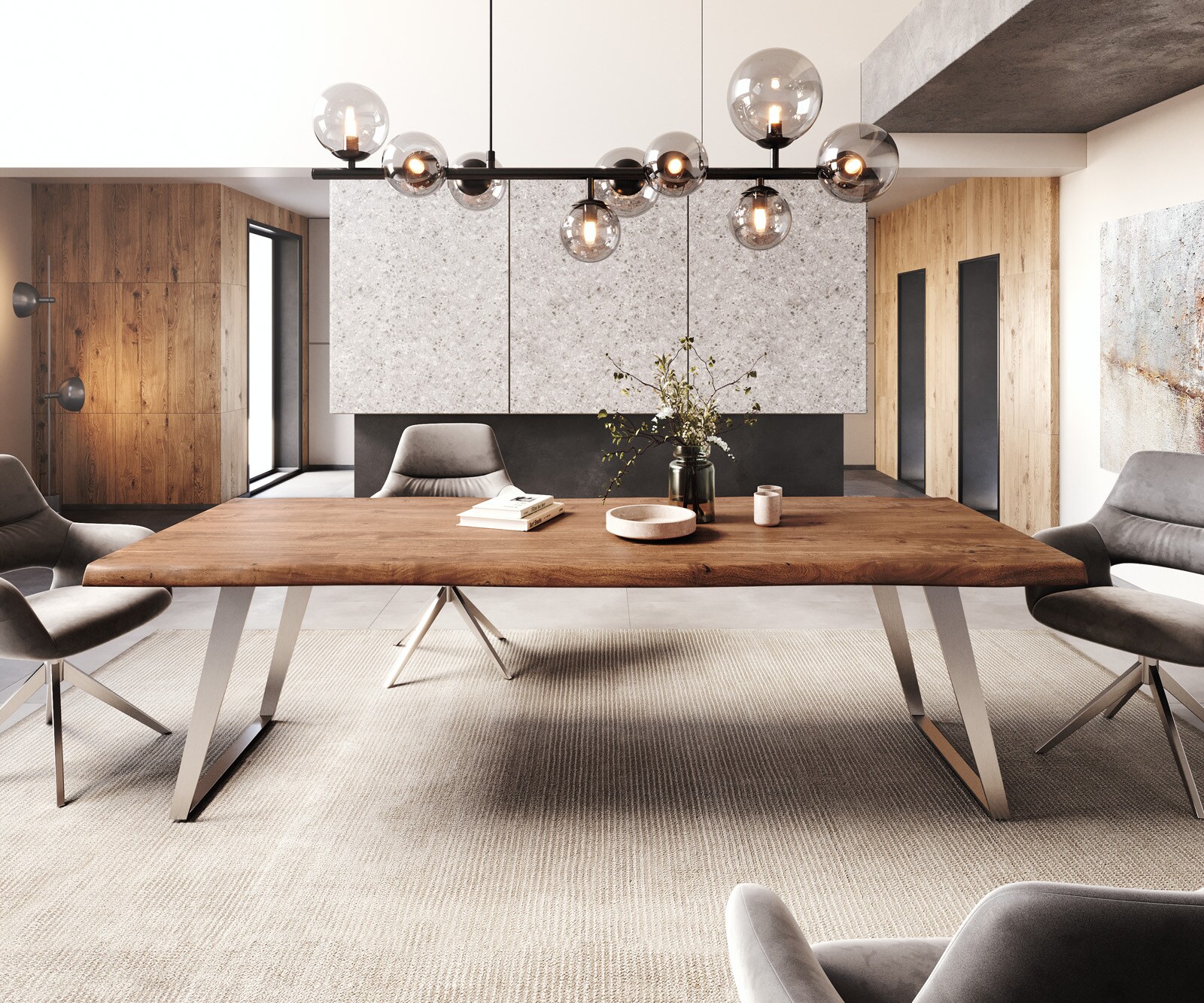 Table-à-manger Edge 260x100cm XL acacia marron acier inoxydable argent incliné Live-Edge 2
