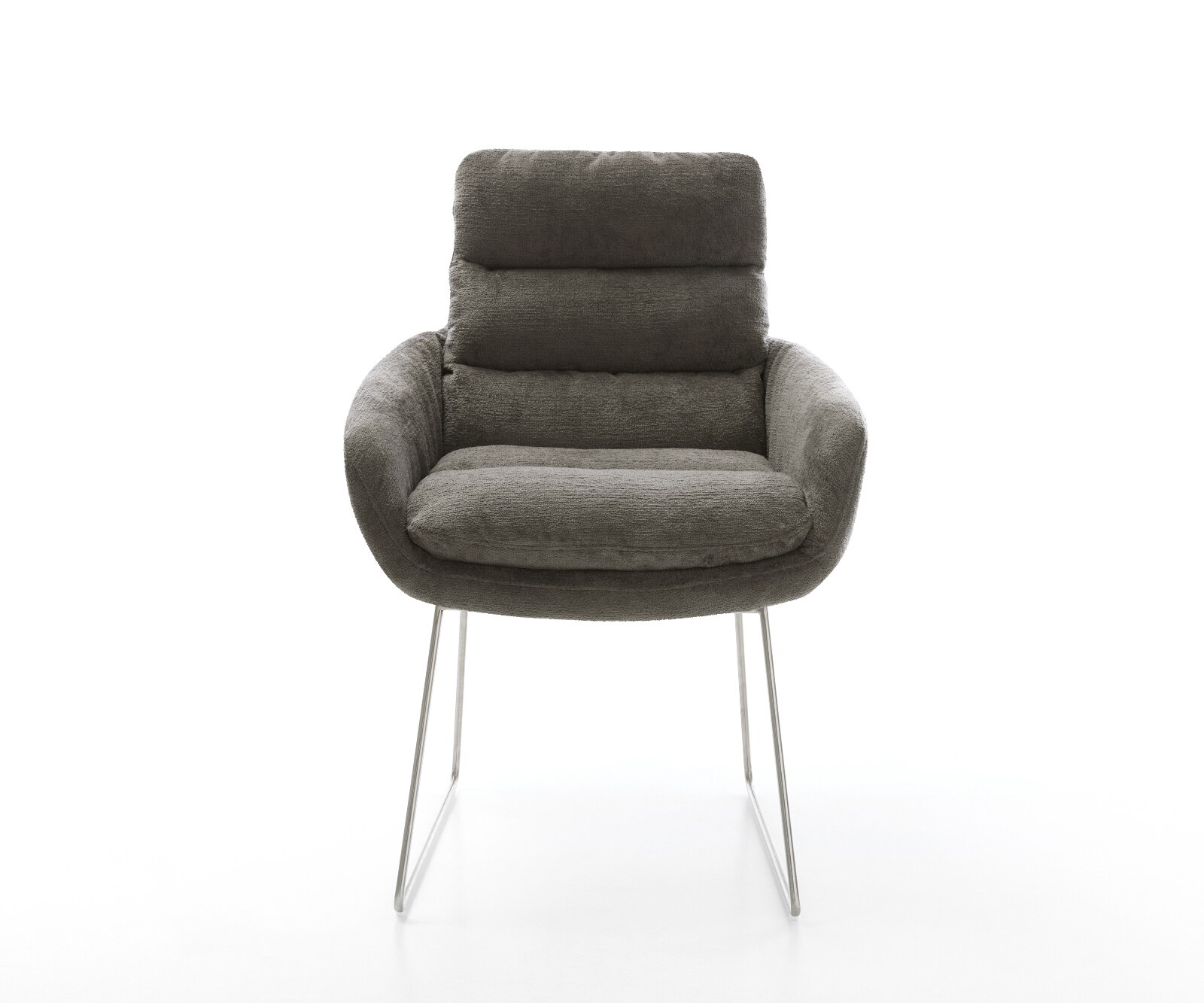 Chaise-de-salle-à-manger Abelia-Flex avec accoudoirs bouclé doux couleur boue pied trapèze acier inoxydable 2