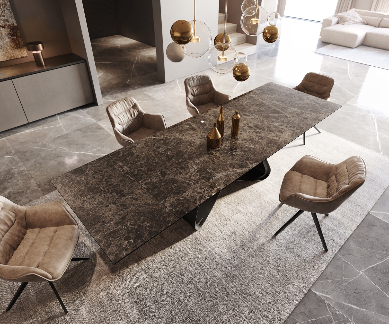 Esstisch Edge 200-300x100 Keramik Emperador Extra Lucidato Dunkelbraun W-Gestell Schwarz ausziehbar 3