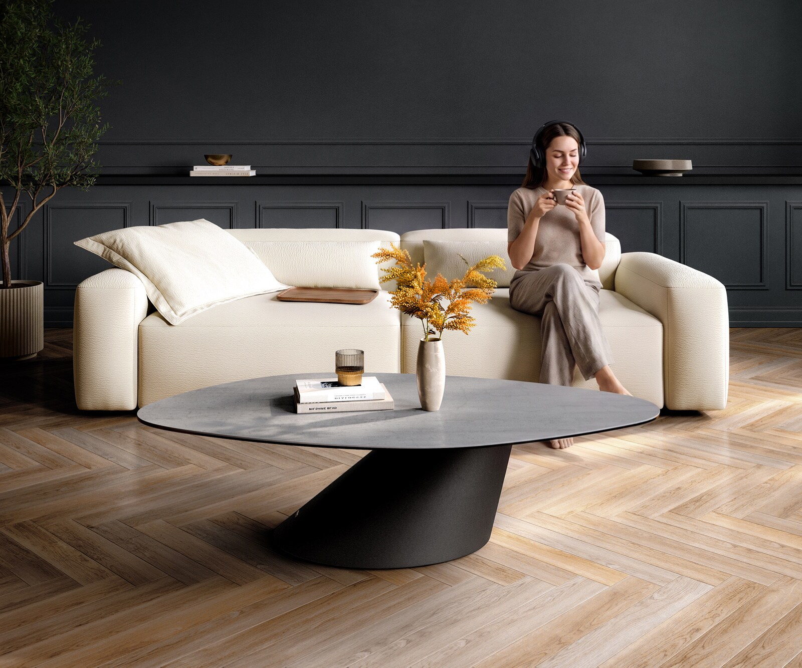 Couchtisch Edge Organisch 140x76 cm Keramik Beton Grau Conis Metall Schwarz 1