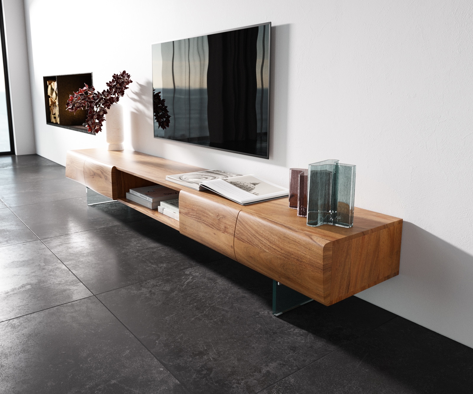 Meuble-TV New Live-Edge 240 cm acacia naturel 4 portes 1 compartiment pied en verre 1 Meuble-TV New Live-Edge 240 cm acacia naturel 4 portes 1 compartiment pied en verre 1