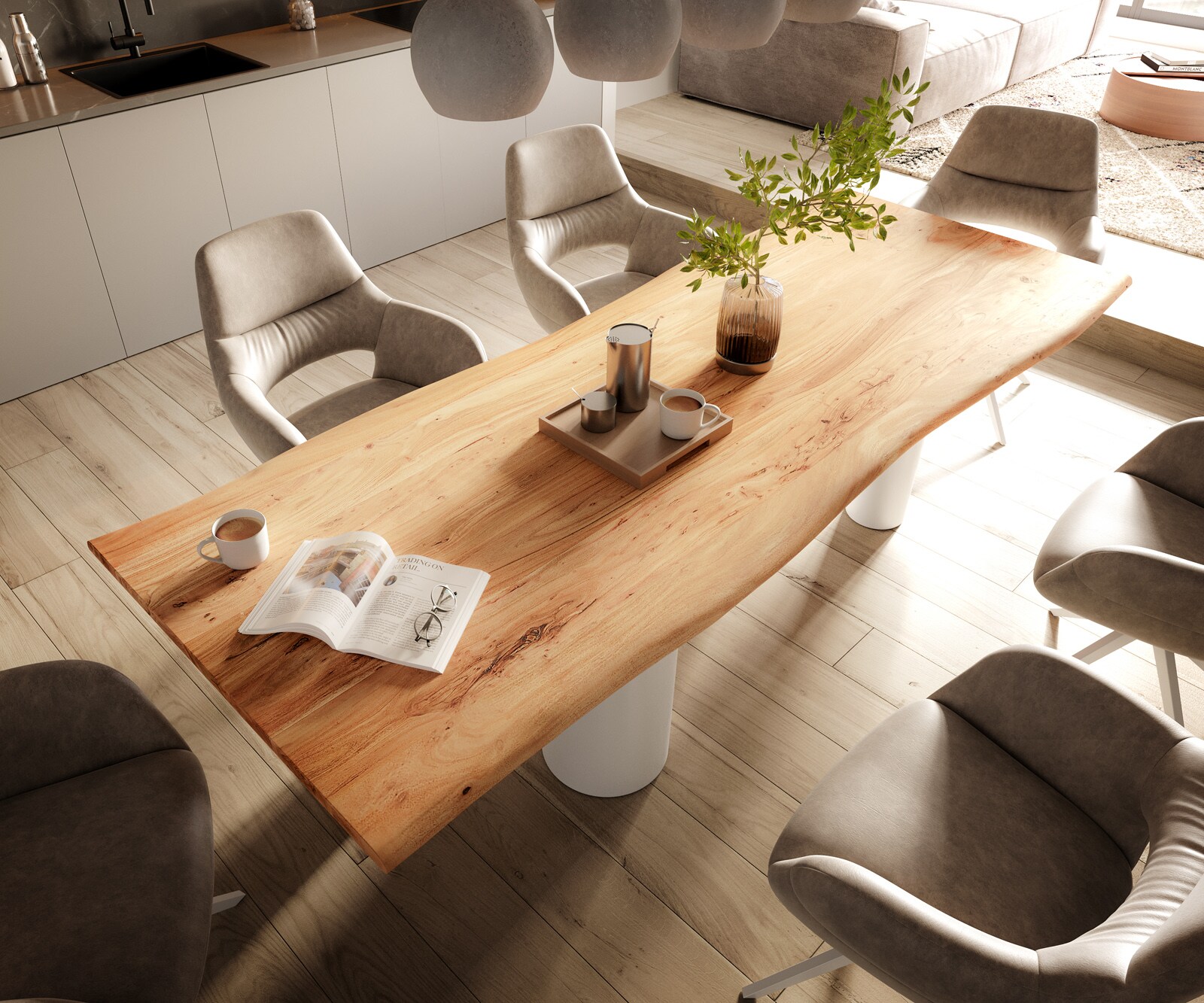 Table à manger Edge 260x100 Acacia Nature Pilier Métal Blanc Live-Edge 3