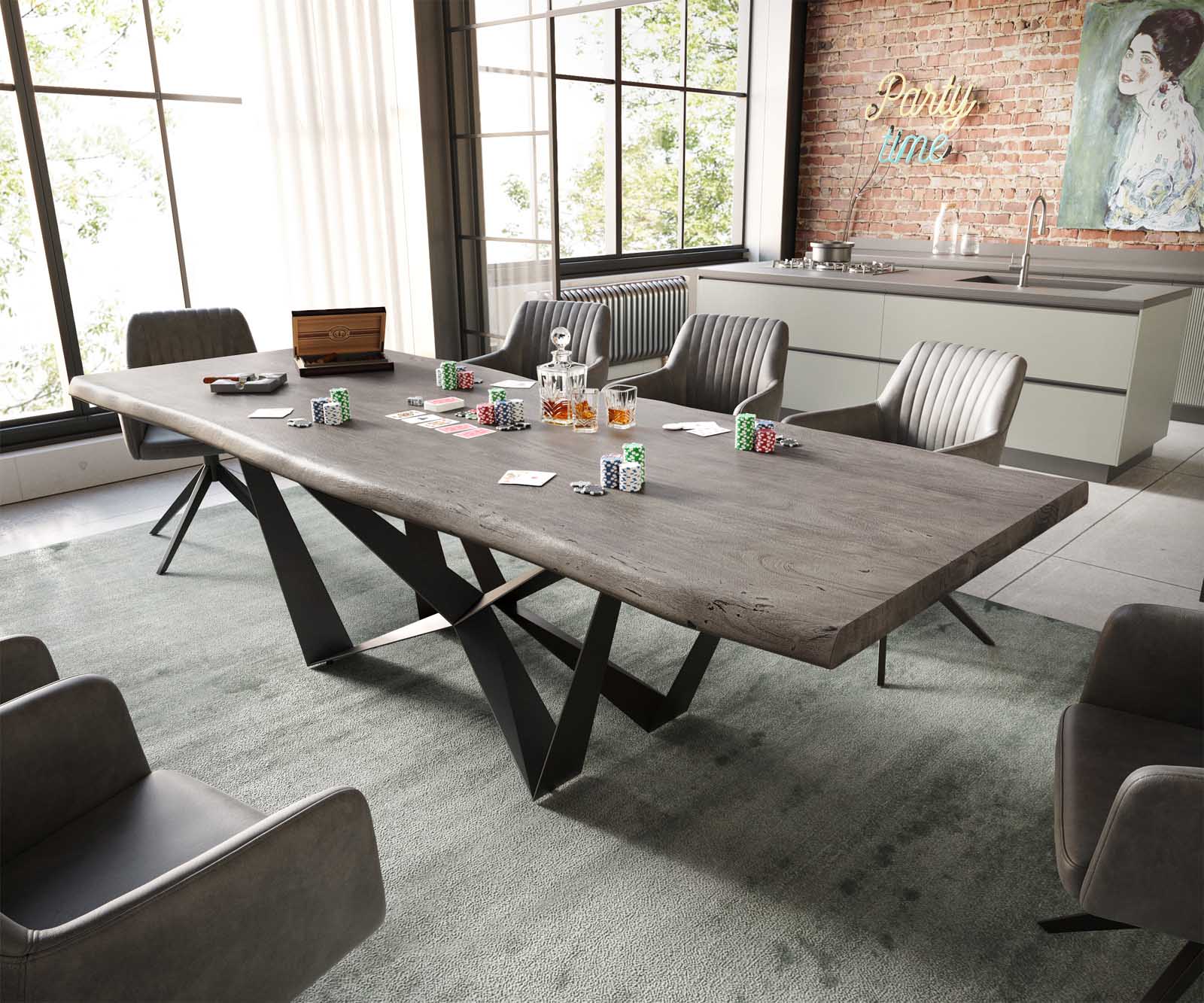 Table à manger Edge 260x100 XL acacia platine Spider acier plat noir Live-Edge 1