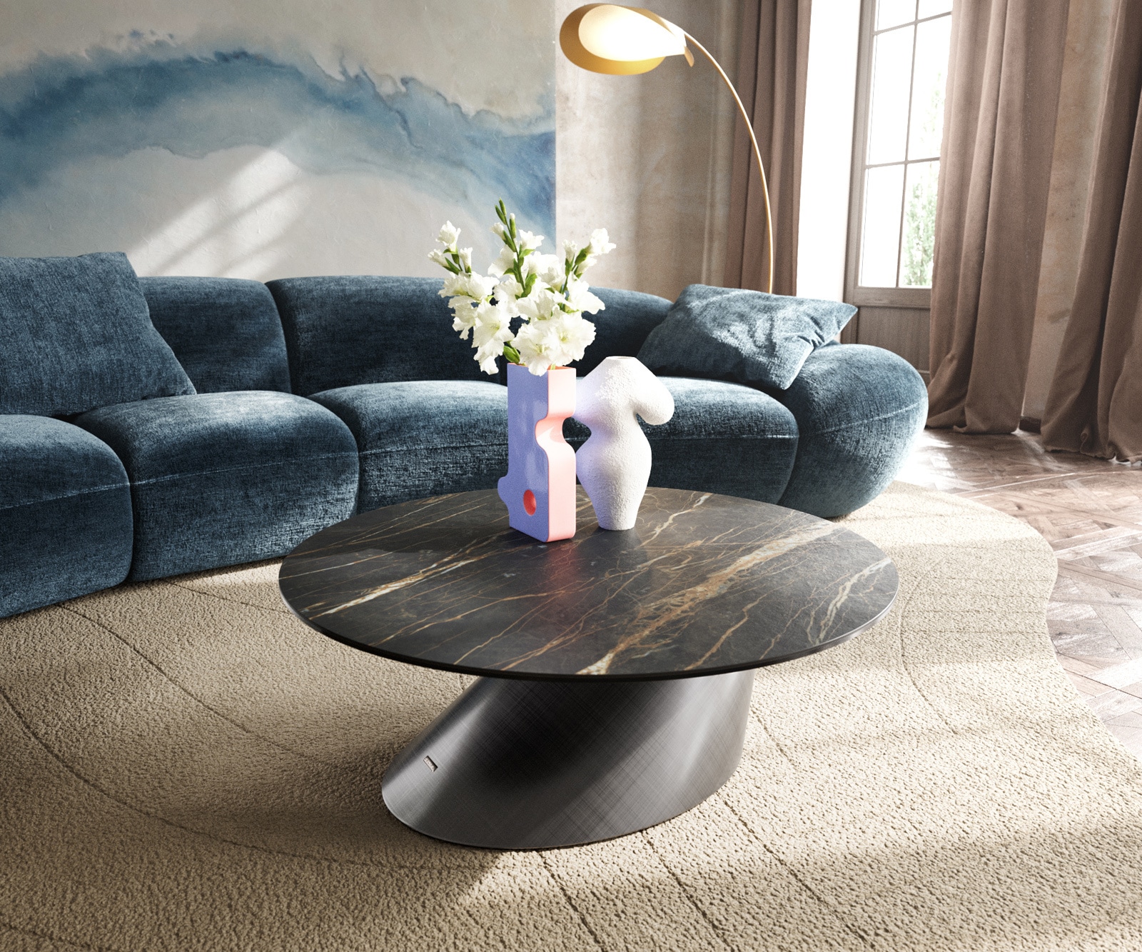 Table basse Edge rond 90x90 cm céramique Laminam® Noir Desir brun Conis argent métallique 1