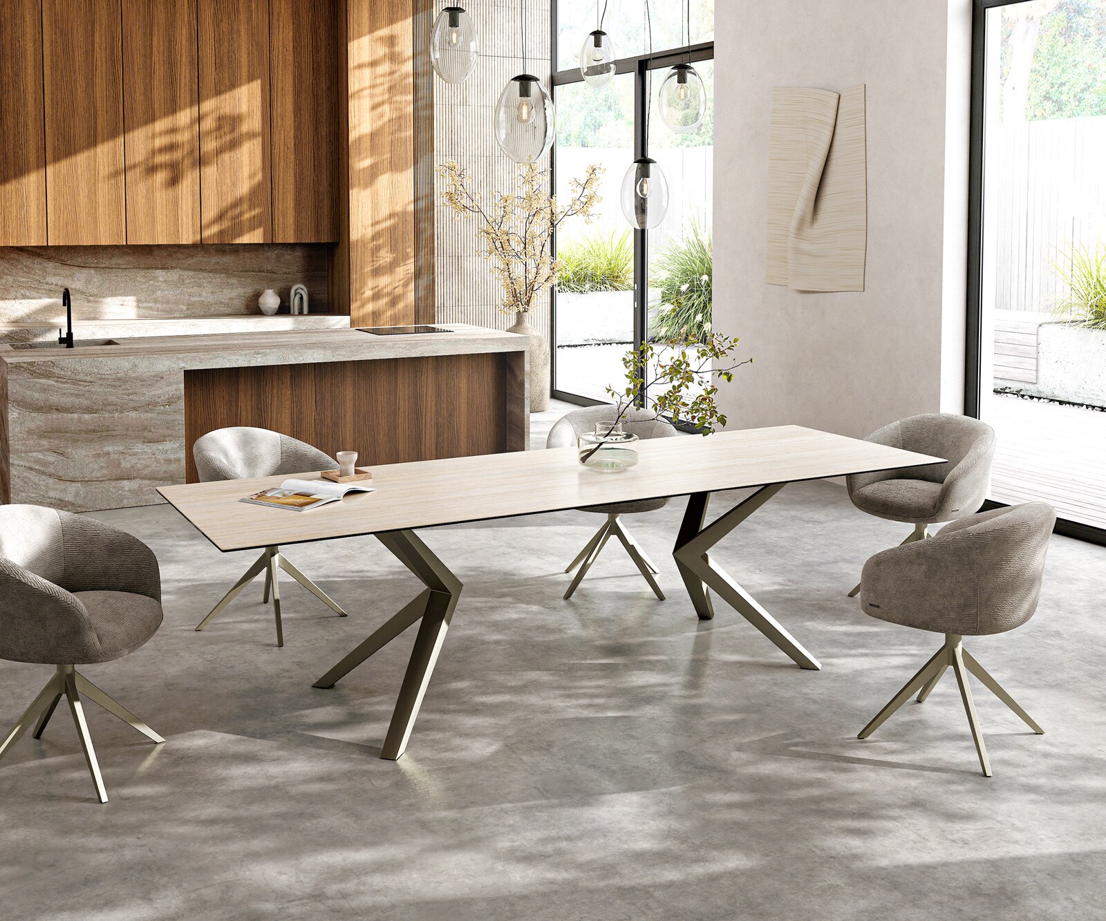 Esstisch Edge 300x100 Keramik Laminam® Travertino Bianco Creme-Weiß Zenthara kantig Metall Effektfinish Titan 6