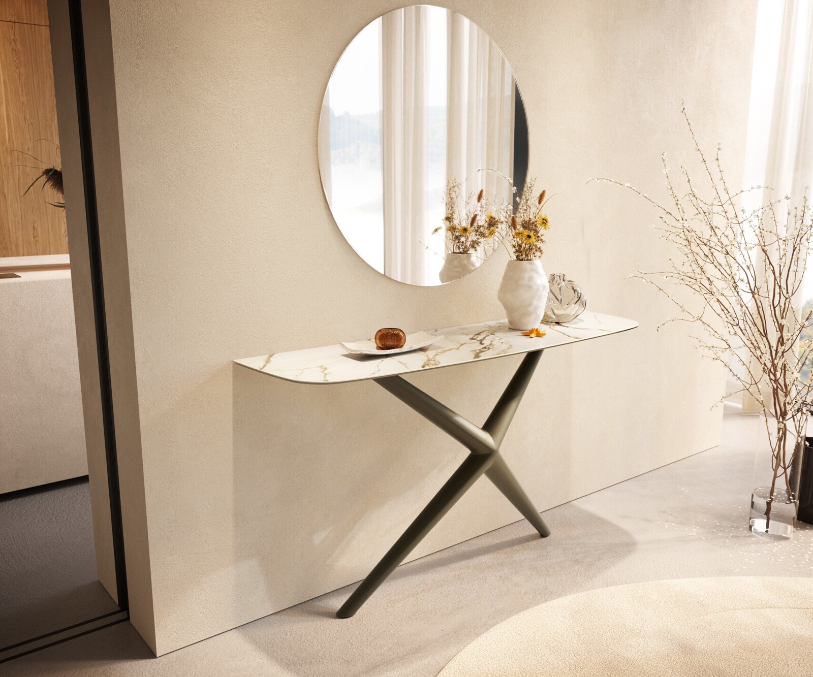 Console Edge forme bateau 140x40 cm Céramique Calacatta Luxe Weiß-Gold-Gris Estelo Métal Effektfinish Titan 3