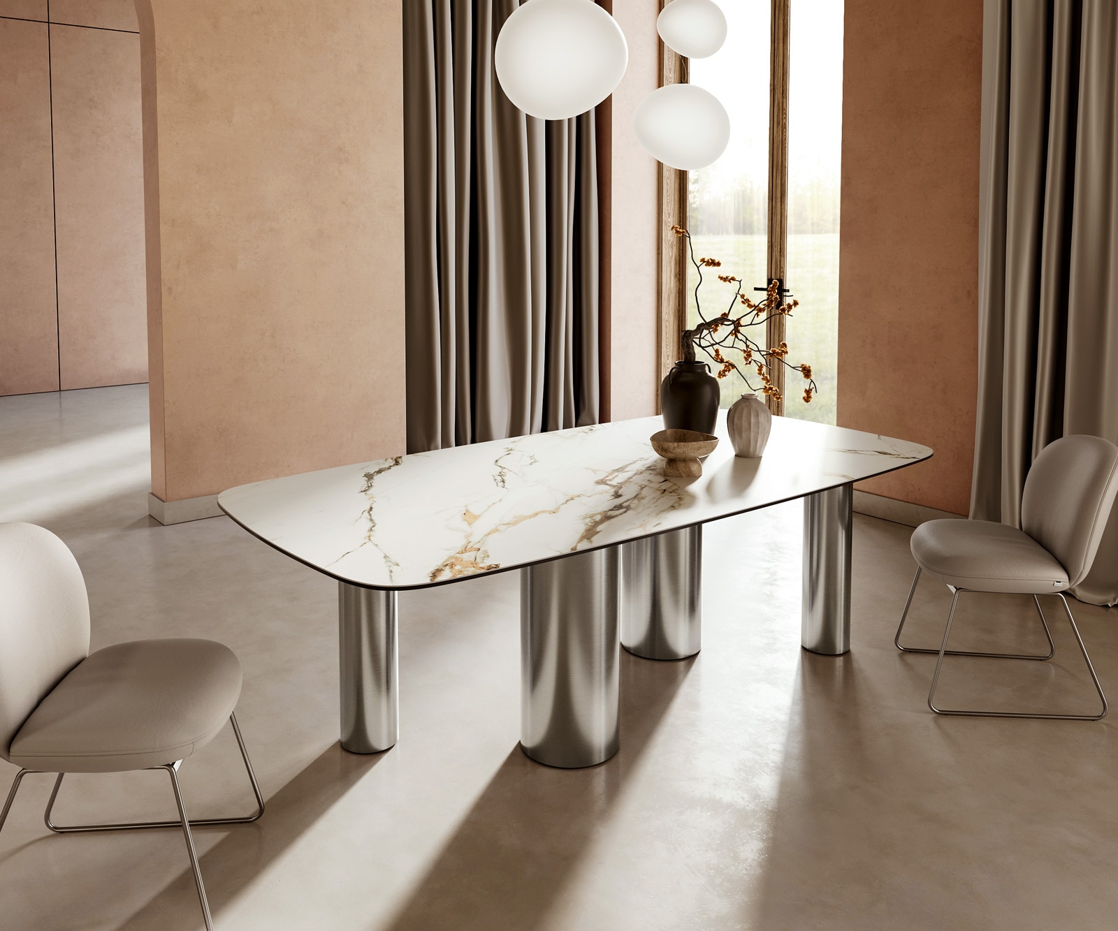 Esstisch Edge Boot 240x120cm Keramik Calacatta Luxe Weiß-Gold-Grau Pilier Edelstahl 1 Esstisch Edge Boot 240x120cm Keramik Calacatta Luxe Weiß-Gold-Grau Pilier Edelstahl 1