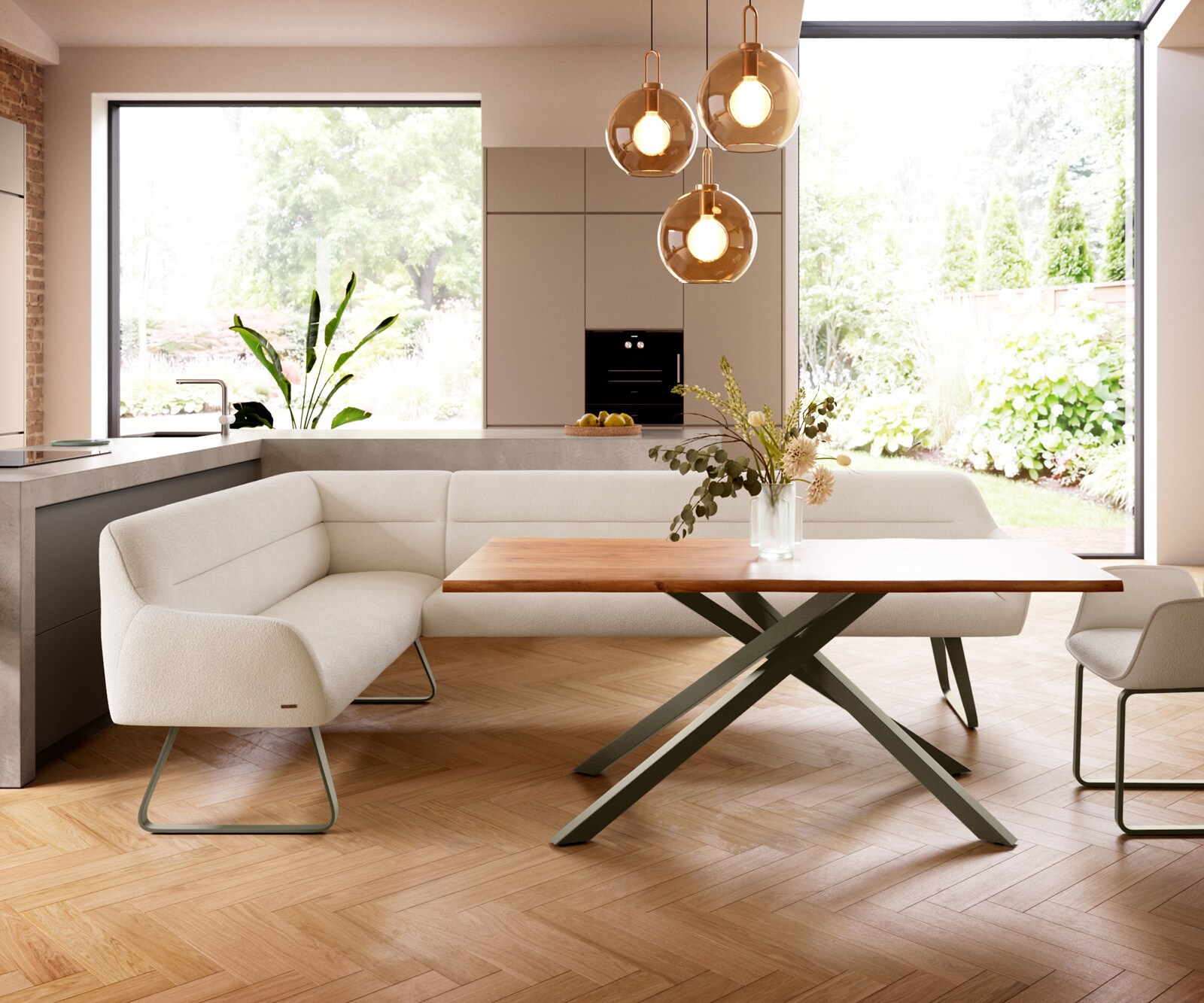 Esszimmerbank Taya-Flex 285x190 cm Bouclé Creme-Weiß Kufengestell flach Effektfinish Titan Taschenfederkern Rechts 1