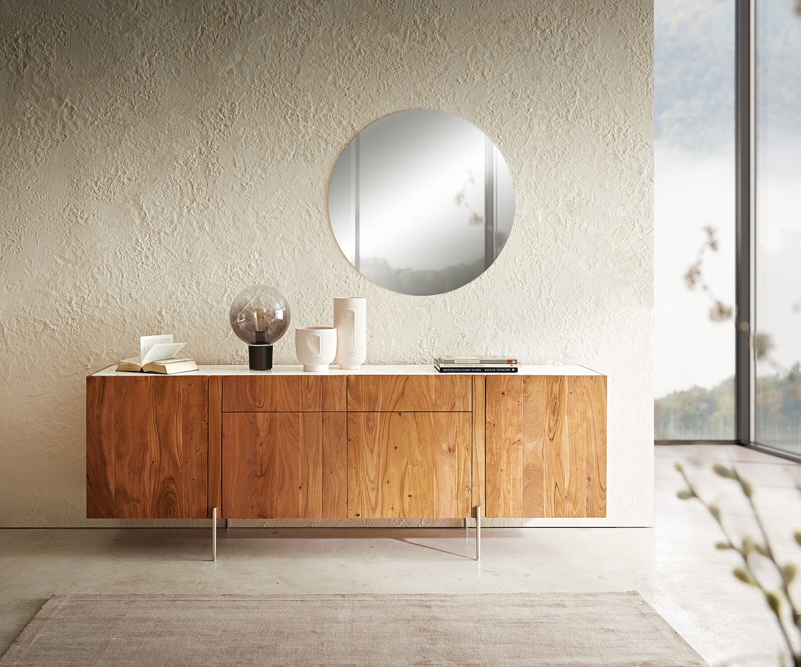 Buffet Secara 200 cm acacia naturel 4 portes 2 tiroirs marbre pieds inoxydable 2