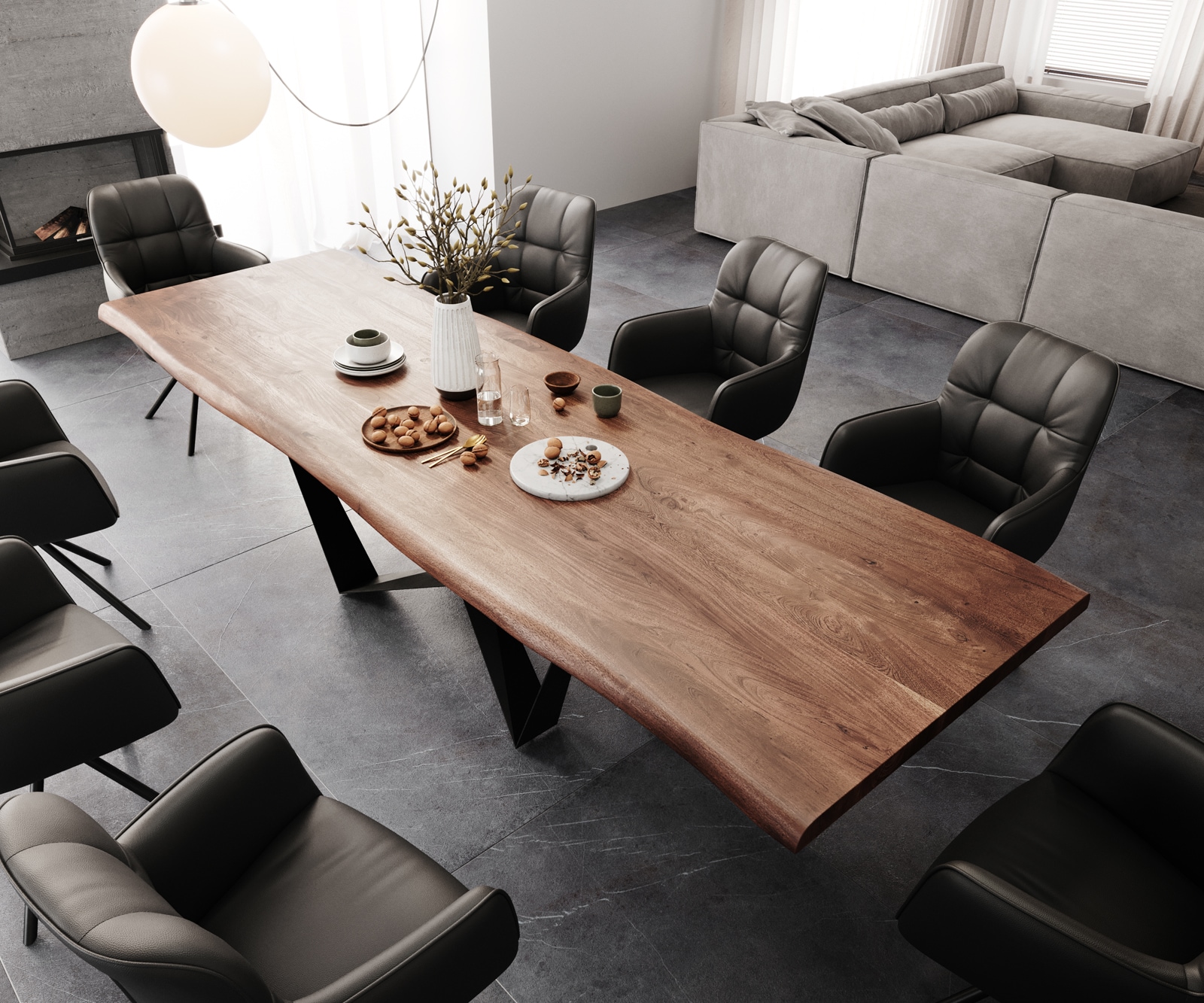 Esstisch Edge 300x100 XL Akazie Braun Spider Flachstahl Schwarz Live-Edge 3 Esstisch Edge 300x100 XL Akazie Braun Spider Flachstahl Schwarz Live-Edge 3