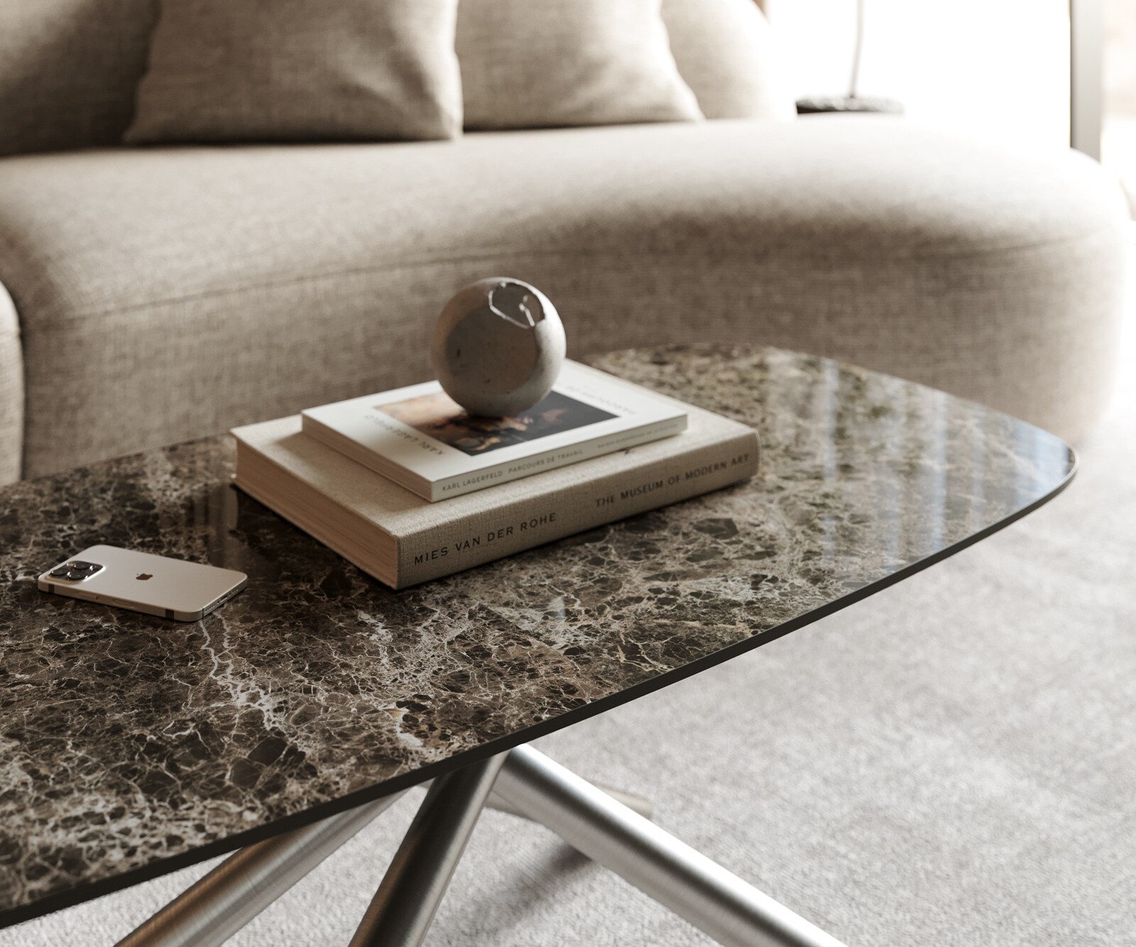 Table basse Edge Boot 100x50 cm céramique Laminam® Emperador Extra Lucidato brun foncé Sarity acier inoxydable brossé 6