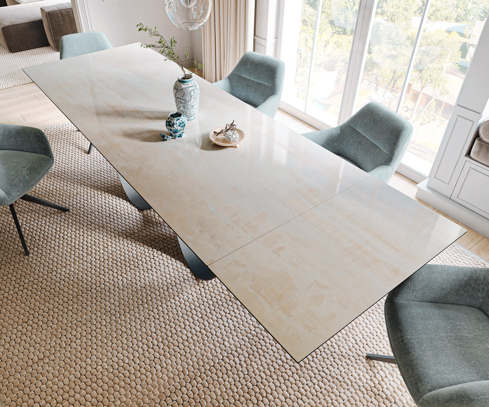 Esstisch Edge 200-300x100 cm Keramik Onyx Champagne Infinity Metall Schwarz ausziehbar 3