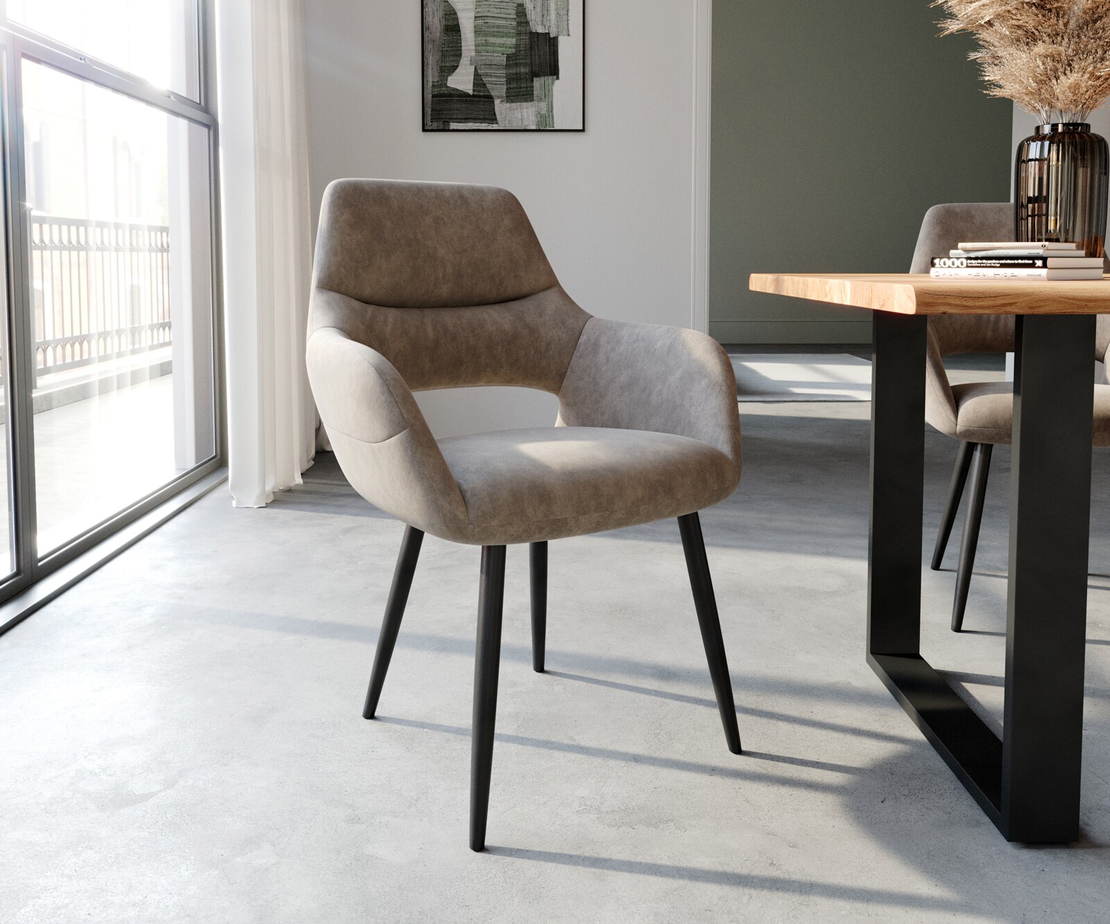 Esszimmerstuhl Yago-Flex mit Armlehnen Mikrofaser Taupe Vintage 4-Fuß konisch Schwarz Taschenfederkern 1