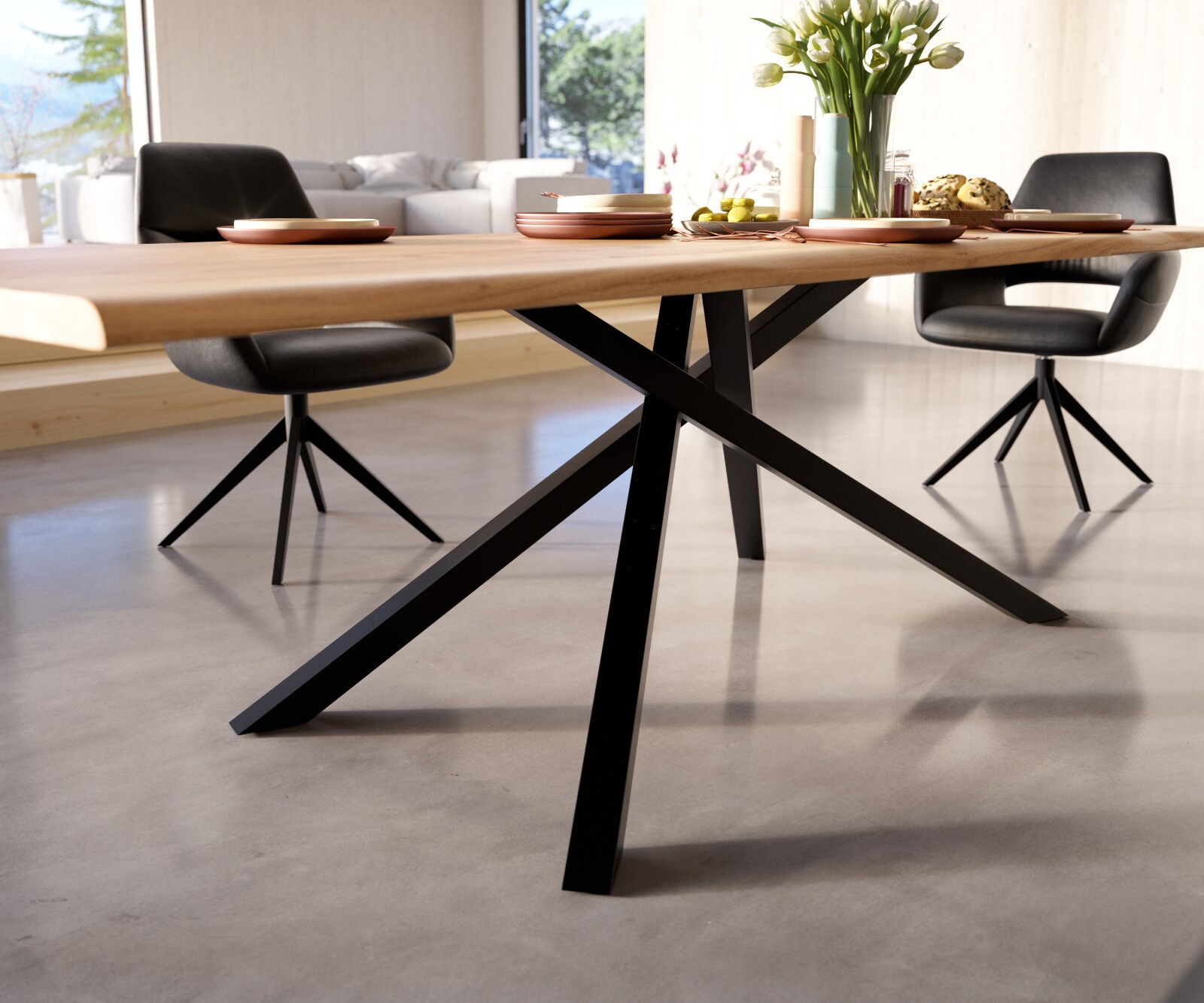 Esstisch Edge 260x100 Akazie Natur Kreuzgestell Rechteck Schwarz Live-Edge 4