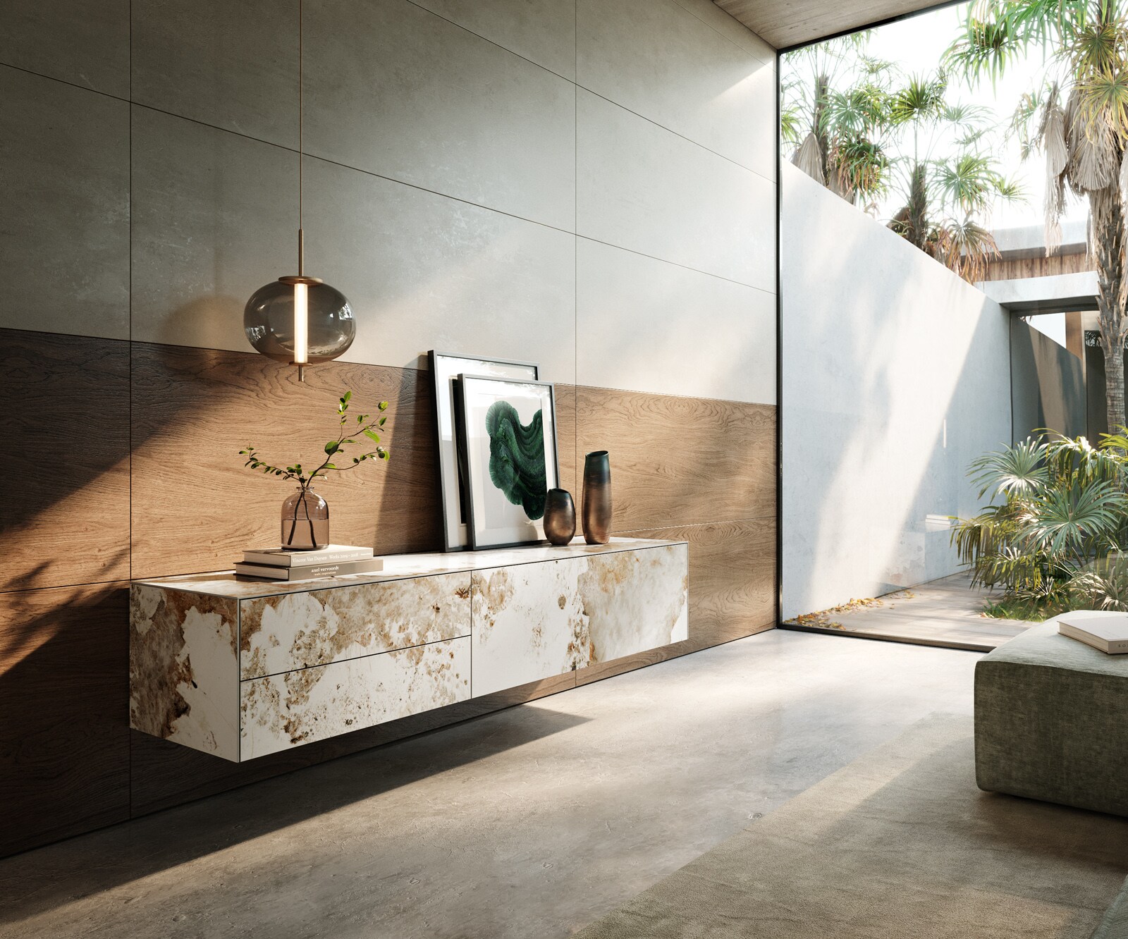 Meuble-TV Cuor 180 cm Céramique Minas Melange Blanc-beige 1 Clapet 2 Tiroirs Flottant