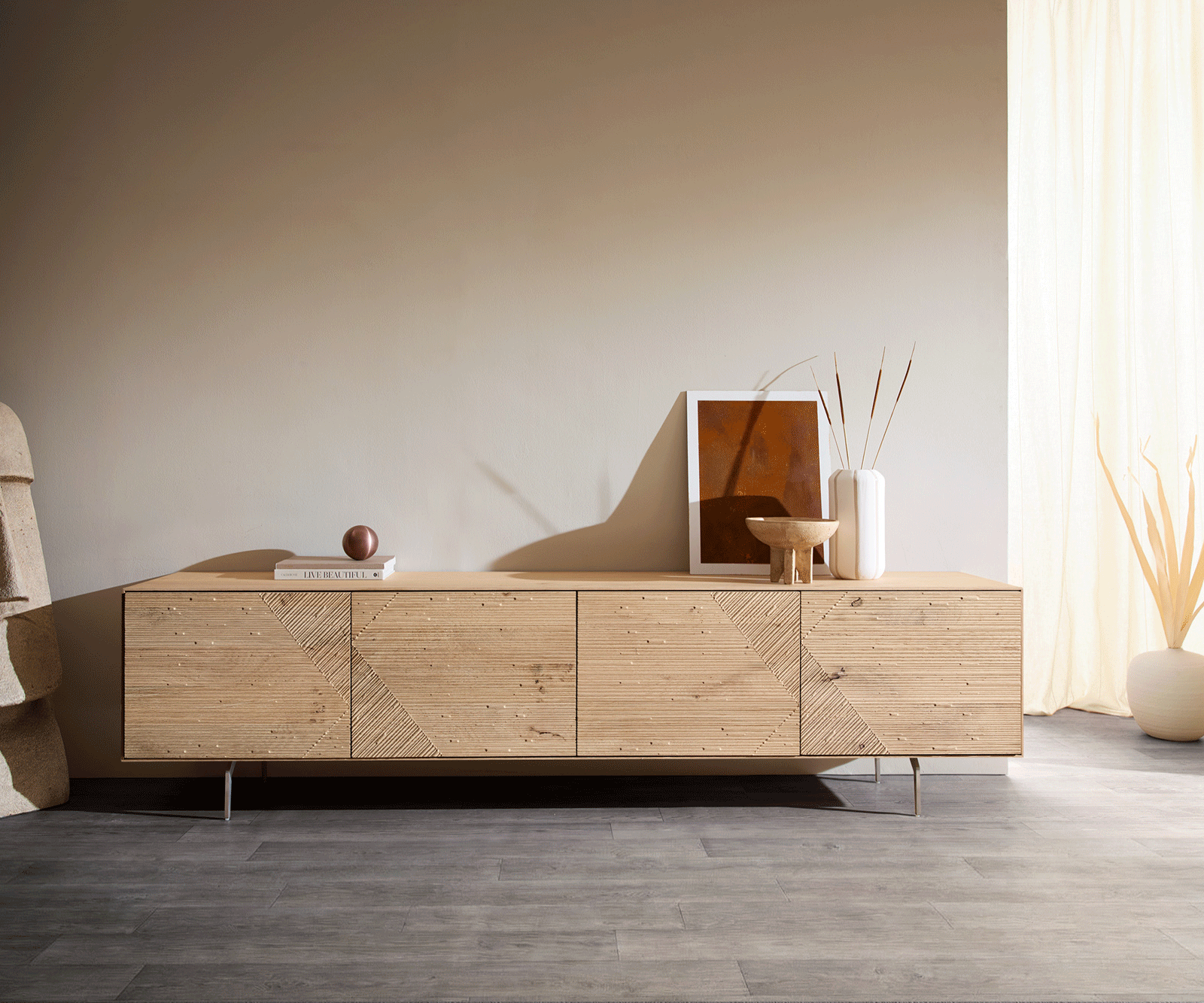 Lowboard Tereos 220 cm Eiche Natur 3D Effekt 4 Türen Winkelfuß Edelstahl gebürstet 4