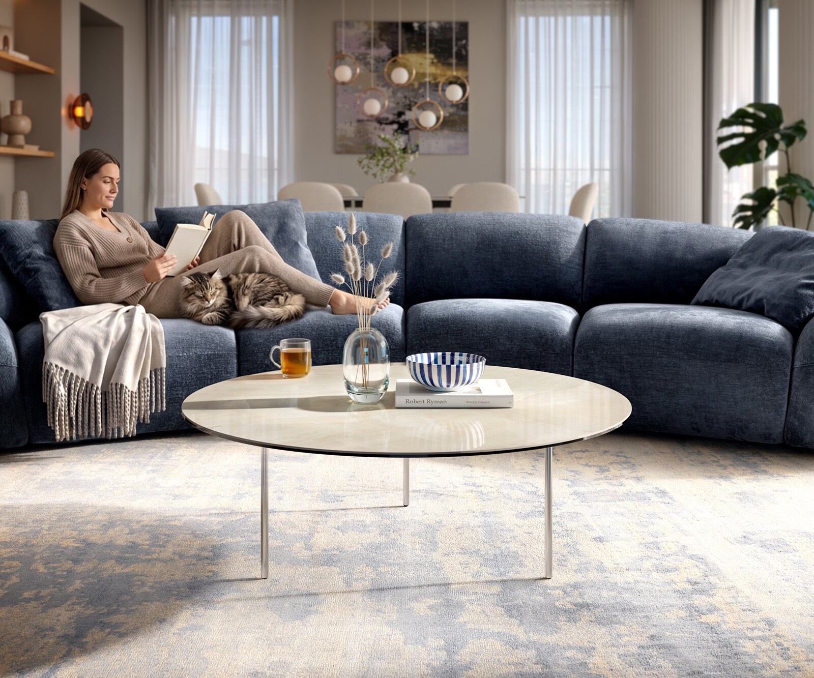 Table basse Edge ronde 100x100 cm céramique Onyx Champagne Trive acier inoxydable brossé 6