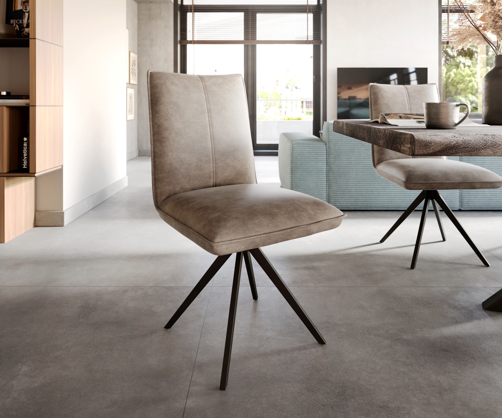 Esszimmerstuhl Lelio-Flex Mikrofaser Taupe Vintage Kreuzgestell breit Schwarz Taschenfederkern Esszimmerstuhl Lelio-Flex Mikrofaser Taupe Vintage Kreuzgestell breit Schwarz Taschenfederkern