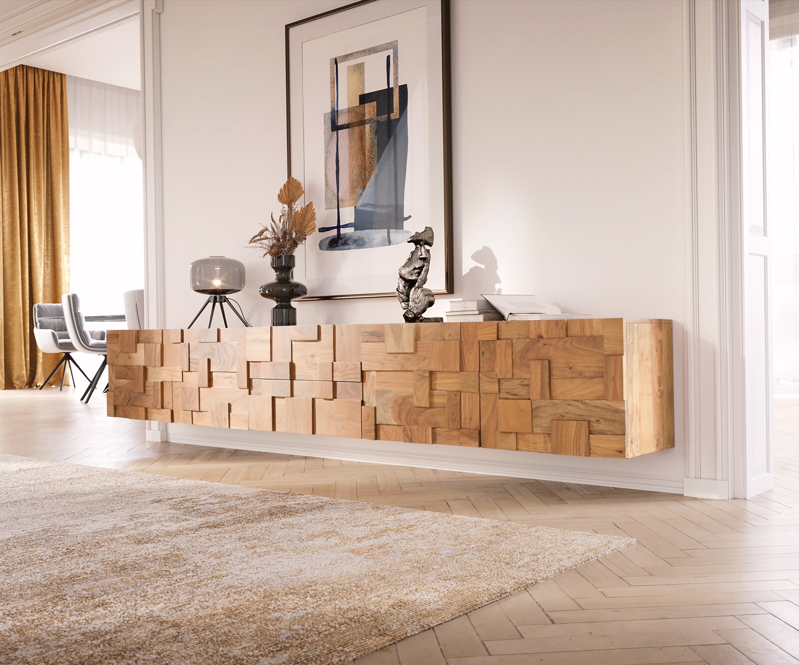 Lowboard Puzzle 260 cm 4 Türen 2 Schubfächer Akazie Natur schwebend